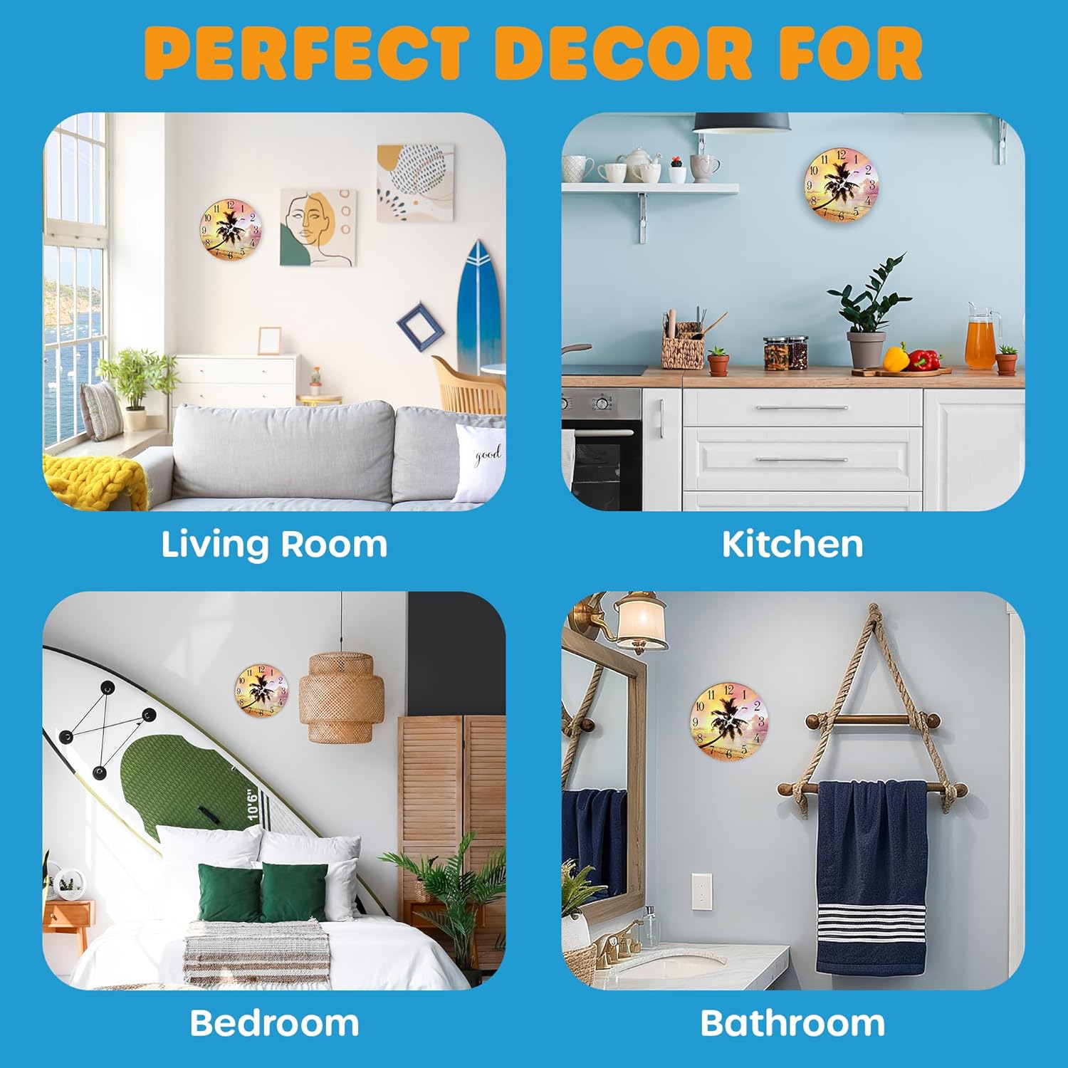 Wooden Wall Clock - Coastal, Nautical, and Beach Themed | Decorative and Aesthetic 13" Timepiece | Ideal Office or Home Decor | Living Room, Bedroom, or Beach House | Palm Tree Sunset