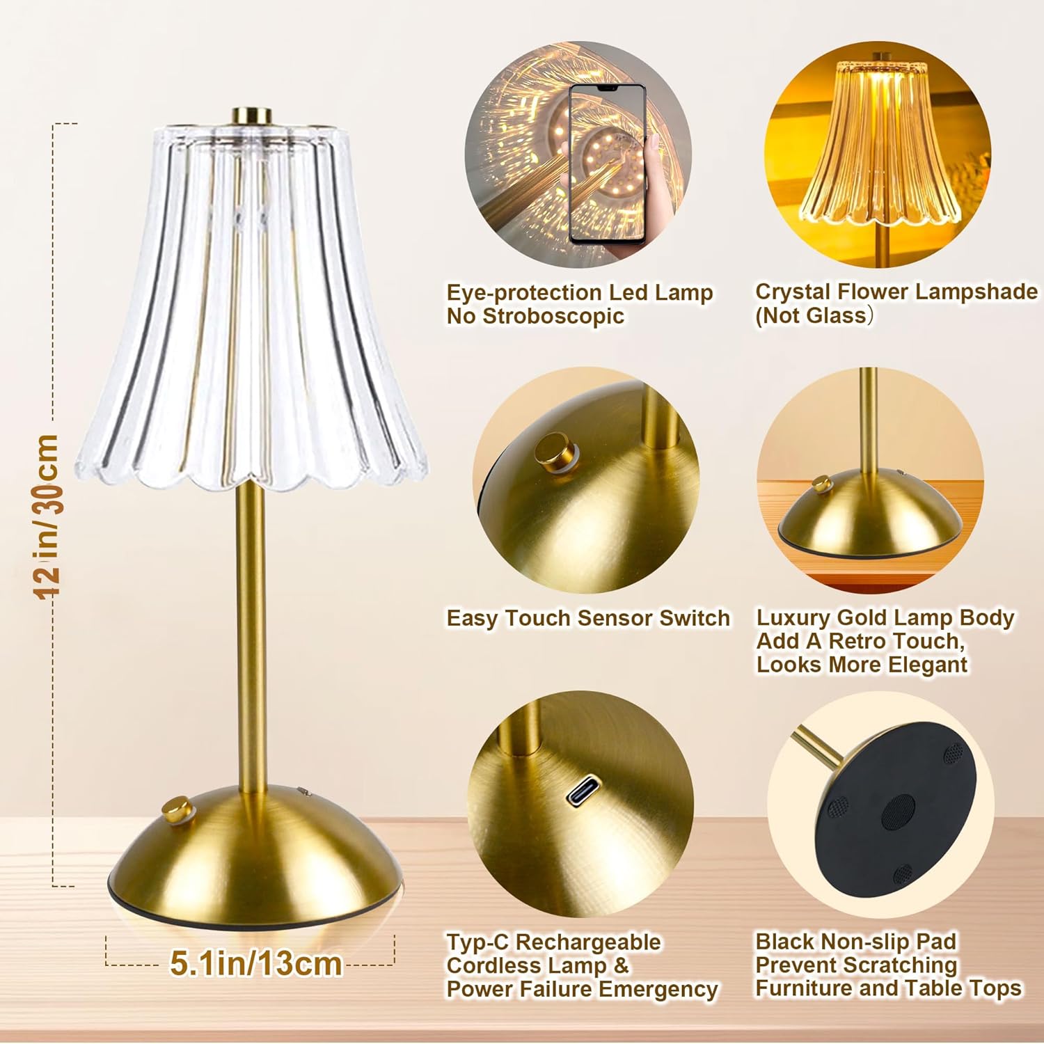 Cordless Table Lamps for Bedroom,Gold Cordless Battery Operated Table Lamp Rechargeable Decorative Bedside Dimmable Nightstand Lamp Small Touch Crystal Table Lamp,3 Color LED Lamp 2600mAh (Vintage)