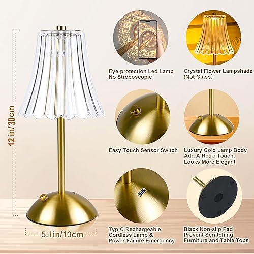 Miniatura 6 de Lámparas de mesa inalámbricas para dormitorio, lámpara de mesa dorada, inalámbrica, funciona con pilas, recargable, decorativa, regulable, lámpara