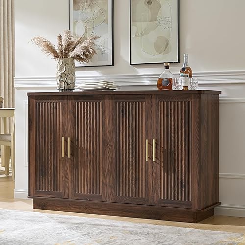 Okvnbjk Modern Sideboard Buffet Cabinet with Storage — Fluted Coffee Bar Cabinet with 4 Doors & Adjustable Shelves for Kitchen, Dining Room, Living Room & Hallway