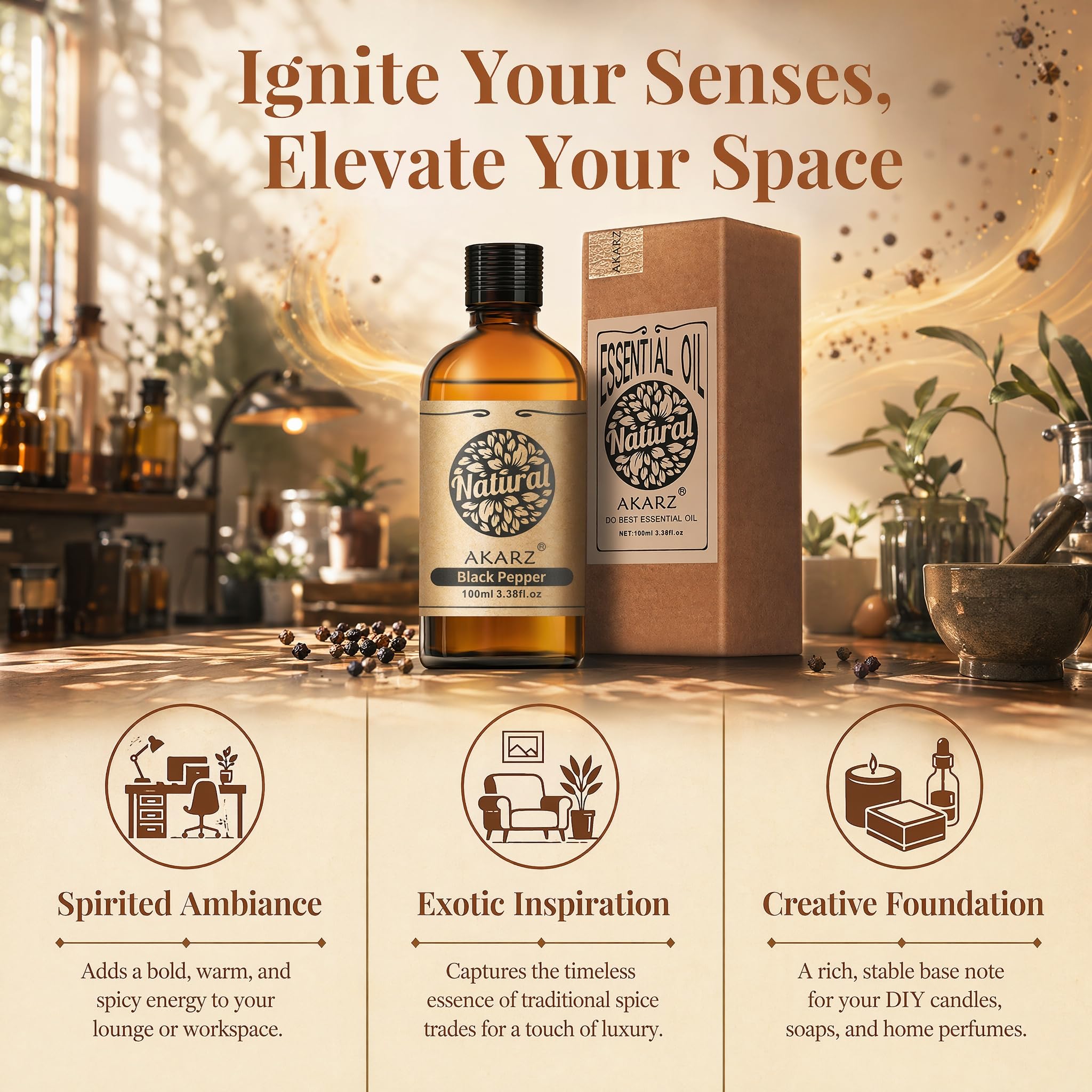 AKARZ 100ml Olejek esencjny z Czarnego Pieprzu - Naturalny olejek aromatyczny do dyfuzorów, lamp aromatycznych i aromatów pomieszczeń