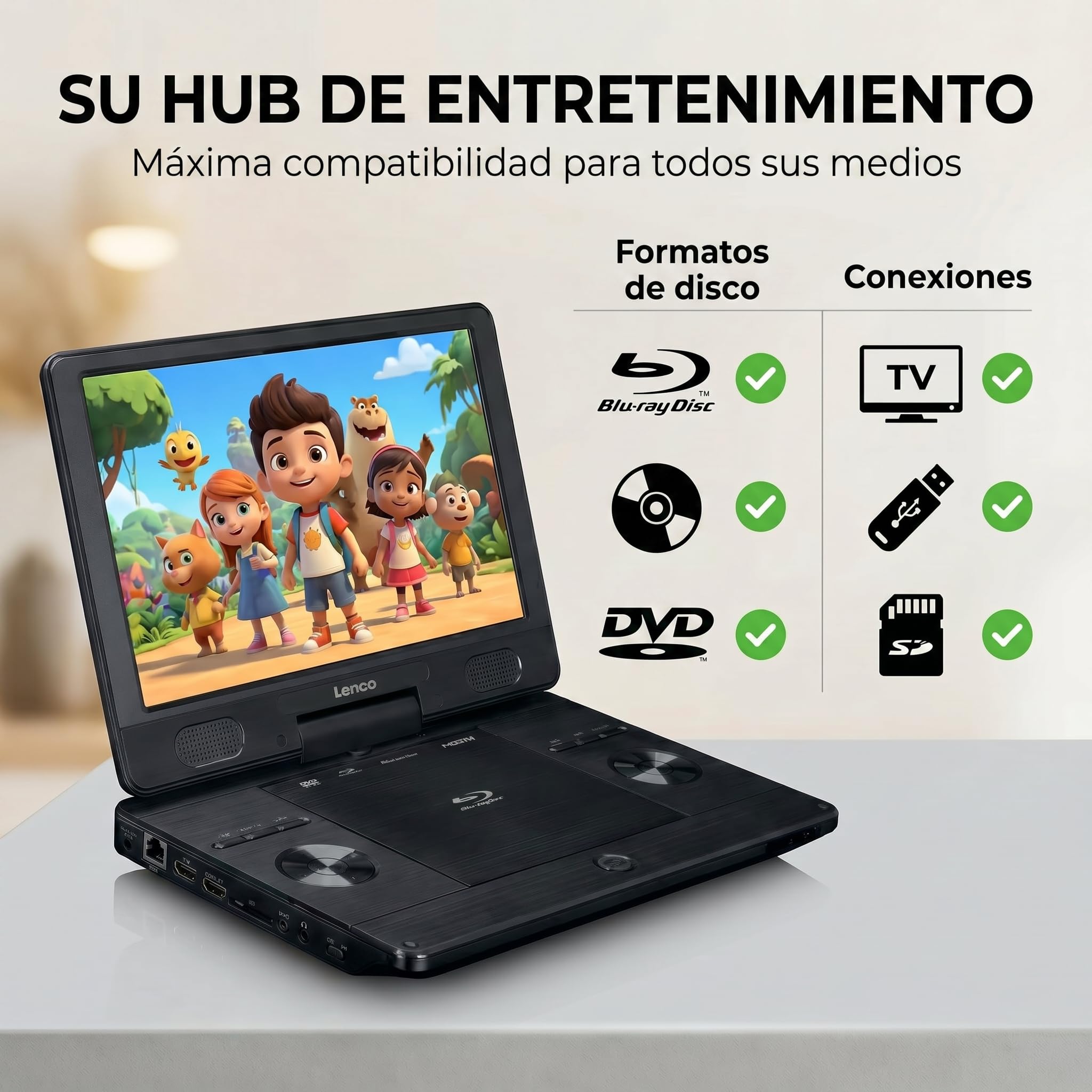 Lenco BRP-1150 - Reproductor de DVD portátil de Blu-ray y Blu-ray (pantalla TFT giratoria de 11,5", 1024 x 600 píxeles, batería integrada, con adaptador de red y de coche, entrada USB