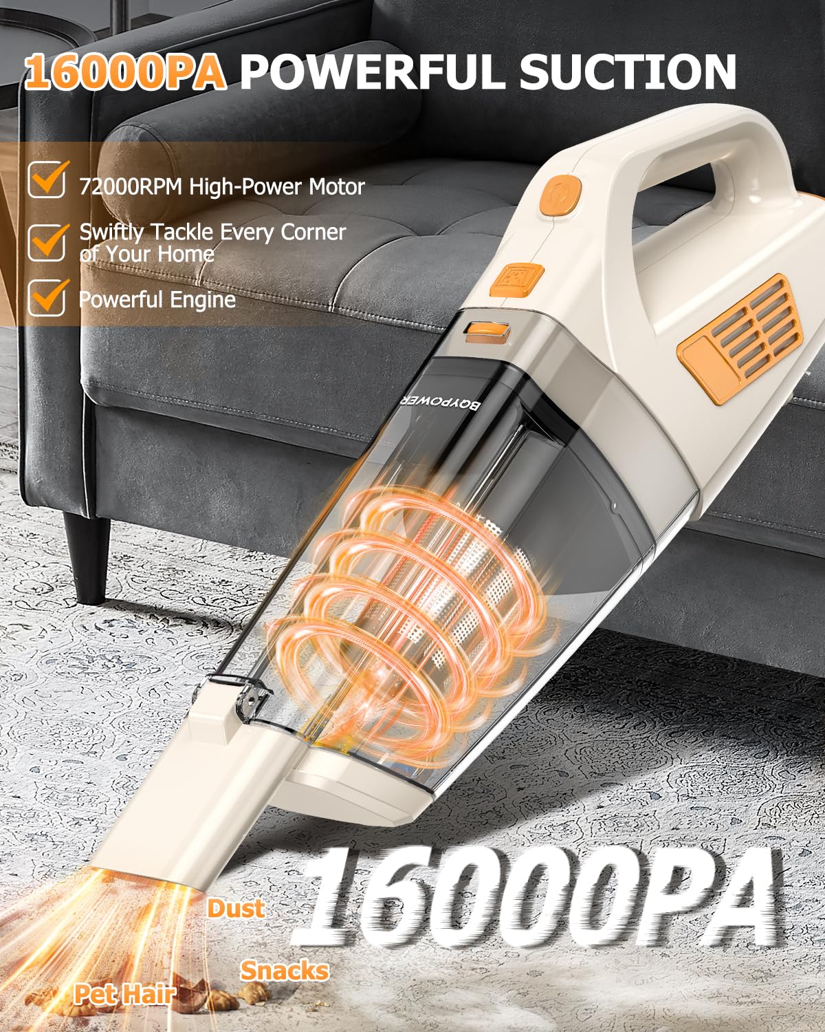 BQYPOWER Aspiradora de mano inalámbrica de 16000 PA, aspiradora de mano de succión fuerte, aspiradora de polvo, inalámbrica, recargable con múltiples accesorios, aspiradora portátil de alta potencia