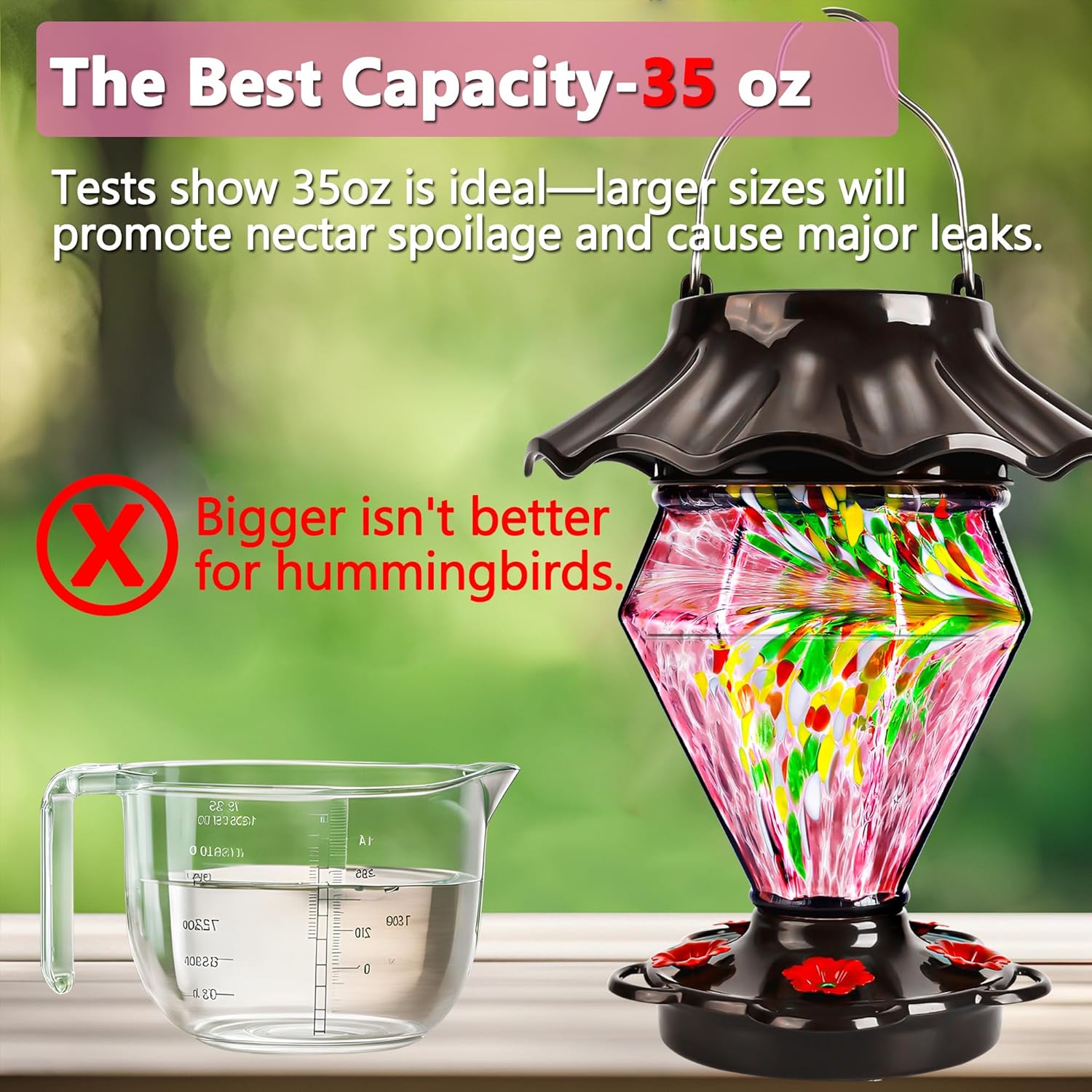 LUJII Solar Powered Color Changing Hummingbird Feeder for Outdoors Hanging, Hand Blown Glass Reservoir, 35 fl.oz, Never Leak, Illuminated Lantern for Garden Decor, for Women, Purple