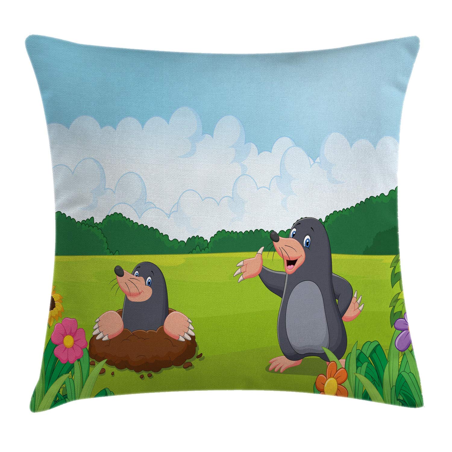 Lunarable Animal Throw Pillow Cushion Cover, Moles in The Garden Digging The Flower Field Animal Cartoon Print, Decorative Square Accent Pillow Case, 28