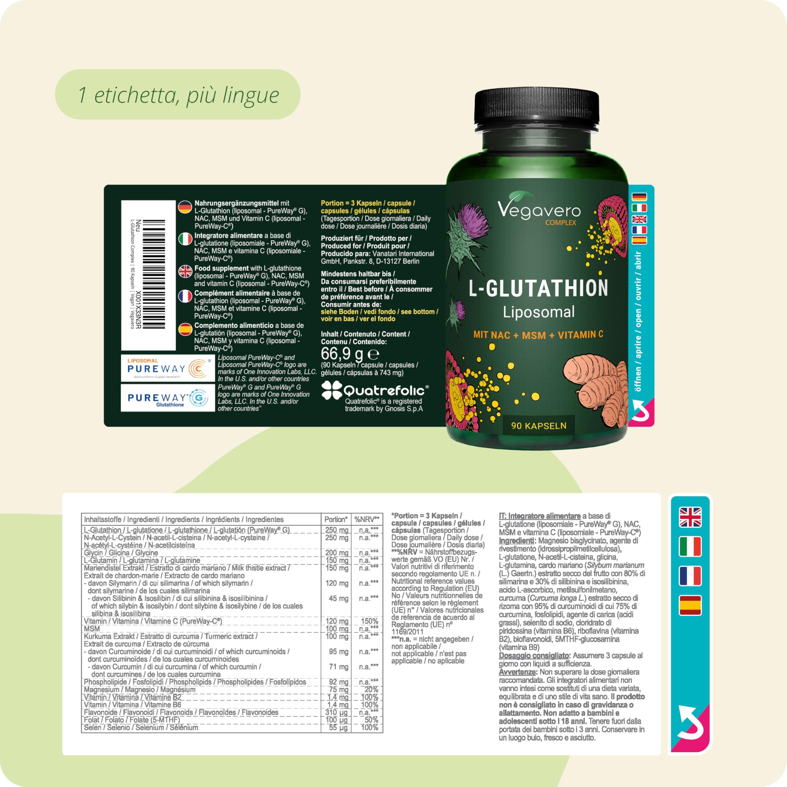 Vegavero Liposomal and Reduced Glutathione | With NAC, Vitamin C, MSM, Glycine and Milk Thistle | Antioxidant, Detoxifying, Immunostimulant | 90 Capsules Vegavero Liposomal and Reduced Glutathione | With NAC, Vitamin C, MSM, Glycine and Milk Thistle | Antioxidant, Detoxifying, Immunostimulant | 90 Capsules