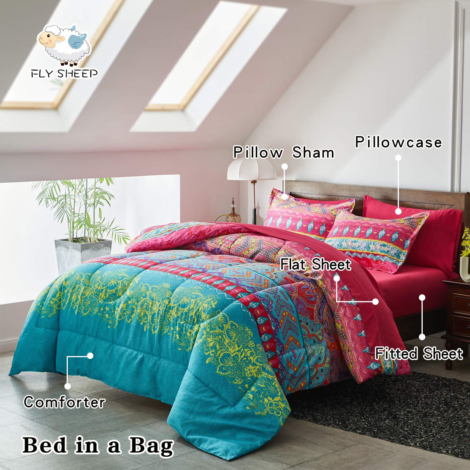 Flysheep Boho Bed in a Bag 7 Pieces Queen Size, Colorful Bohemian Tribal Pink n Blue Floral Printed Reversible Comforter Set (1 Comforter, 1 Flat Sheet, 1 Fitted Sheet, 2 Pillow Shams, 2 Pillowcases)