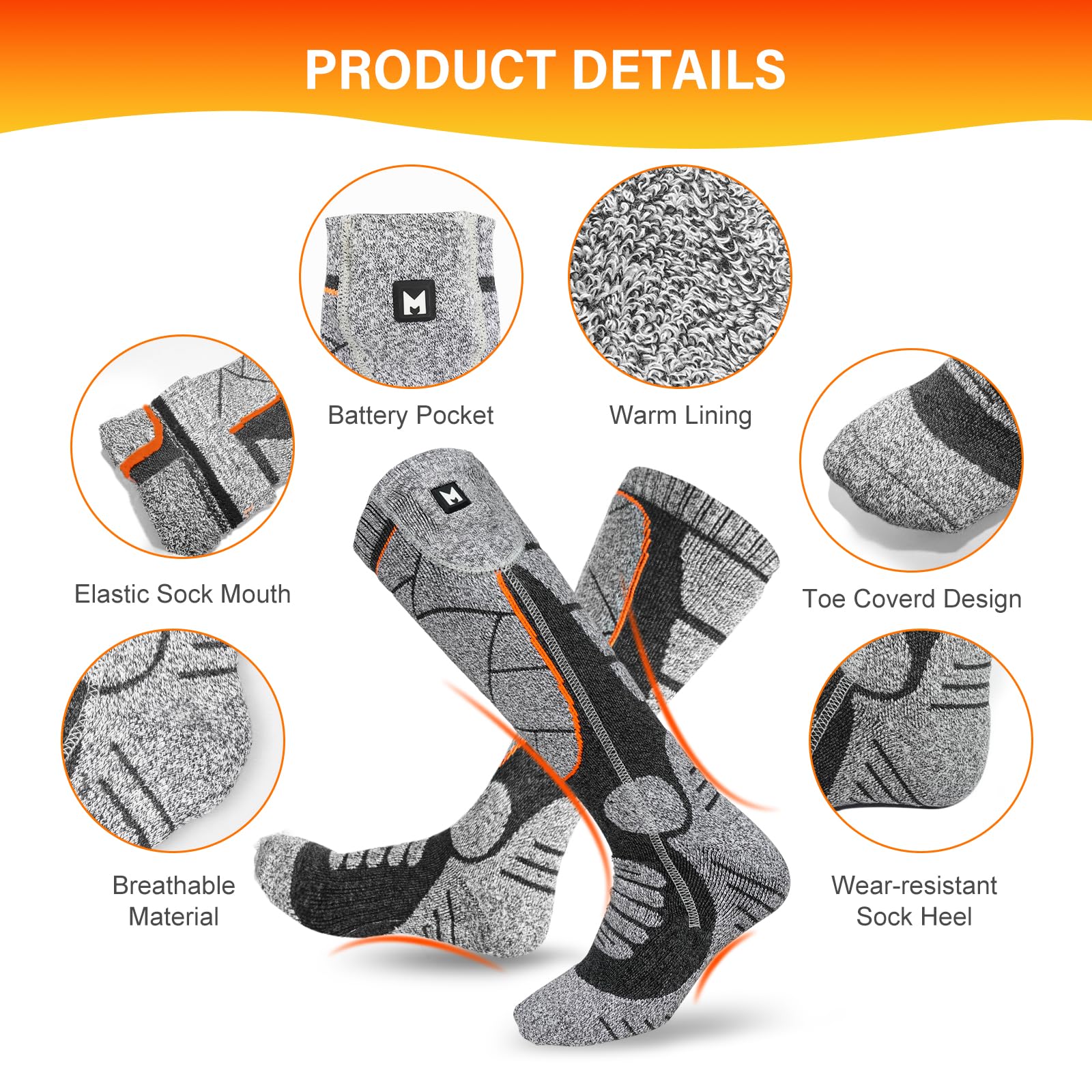 MRAWARM Heated Socks 6000 mAh Rechargeable Battery Electric Heated Socks Unisex 3 Heat Levels Winter Cotton Socks for Outdoor Sports