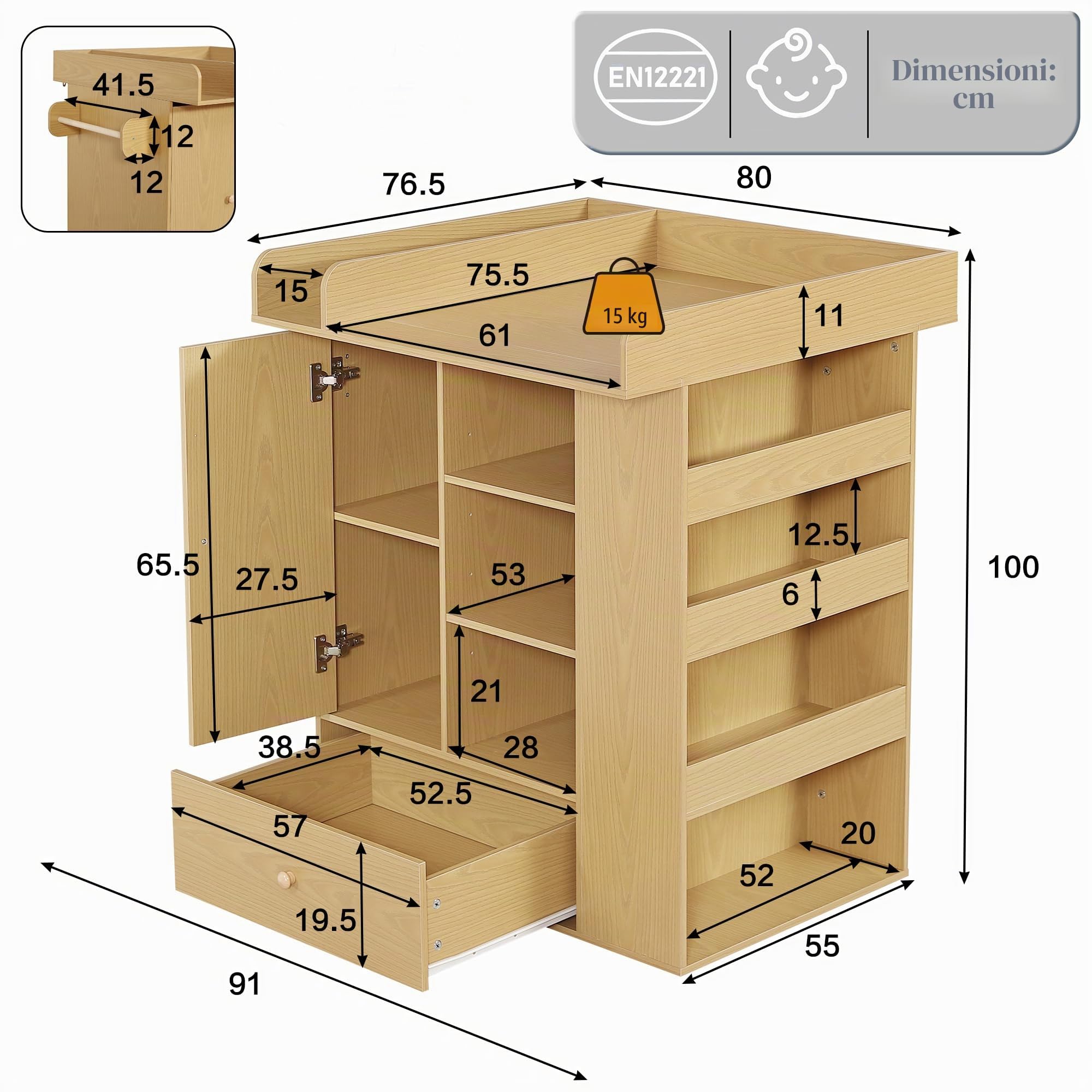 SUKY Fasciatoio con cassetto, armadietto e vano portaoggetti, portasciugamani, fasciatoio con pareti divisorie, design in legno naturale, 91 x 76,5 x 100 cm