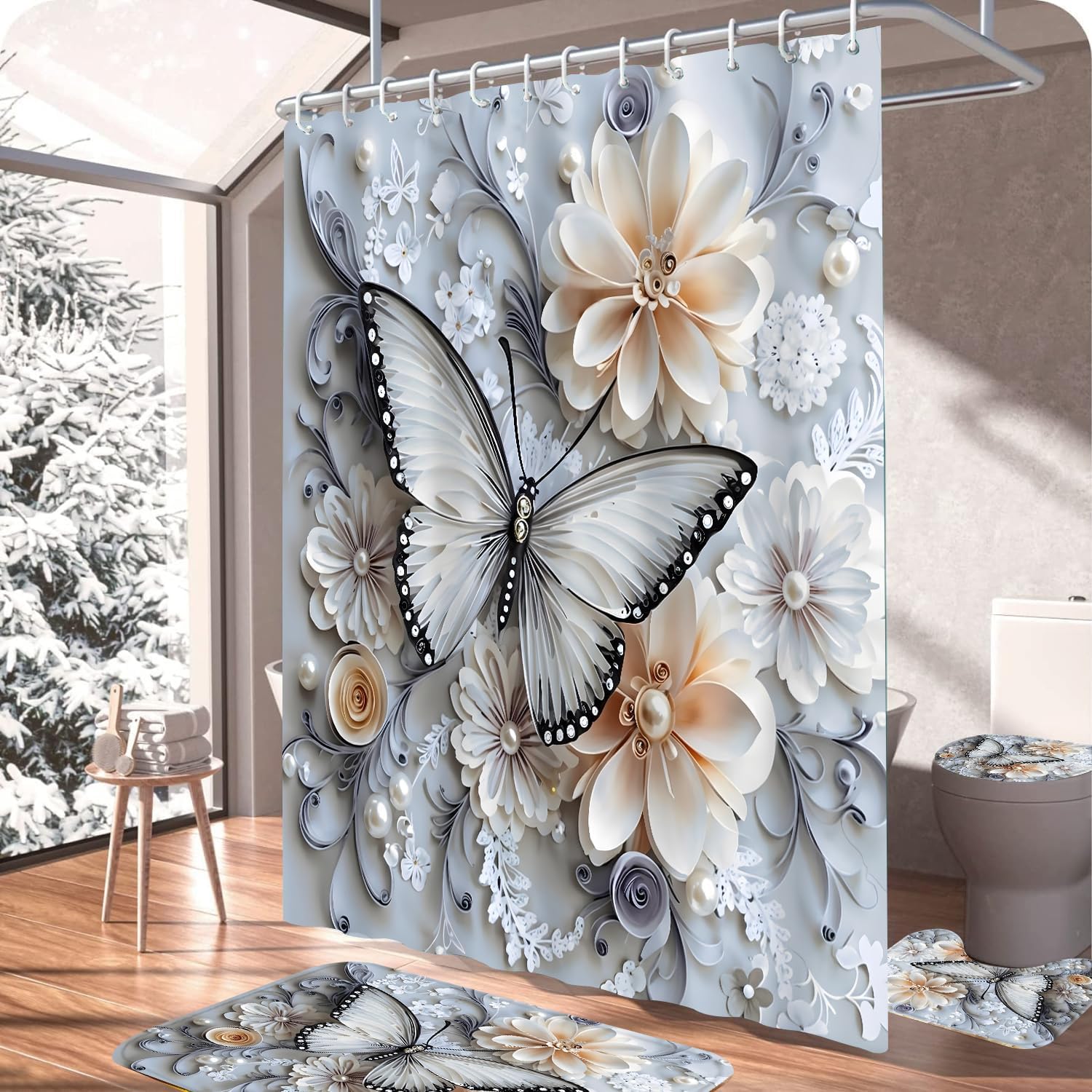DDQQ 4Pcs Shower Curtain Sets, Blue White Butterfly Bathroom Curtains Shower Set, Bathroom Decor Sets, Shower Curtain for Bathroom with Rugs, Toilet Lid Cover, Bath Mat and 12 Hooks, 71 x 71 Inches