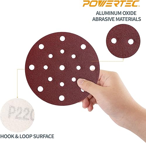 Miniatura 2 de POWERTEC 45818, 6 pulgadas x 17 agujeros, grano 180, disco de gancho y bucle AO para lijadora Festool RO150ETS 150, rojo, paquete de 50