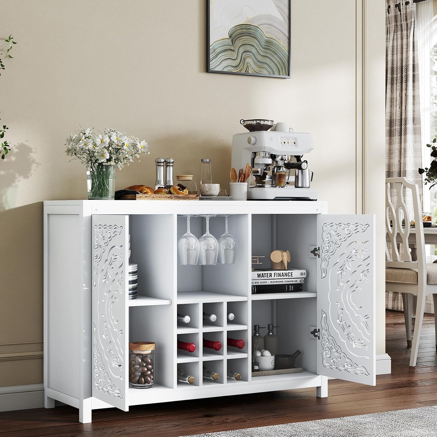 47'' Wine Bar Cabinet with 2 Doors, Home Coffee Cabinet with Wine Rack and Glass Holder, Buffet Sideboard with Storage for Living Room, Kitchen (White)