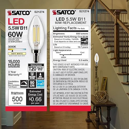 Miniatura 8 de Satco S21274 LED B11 de 5.5 vatios transparente base de candelabro 90 CRI 3000 K 120 voltios (paquete de 2)