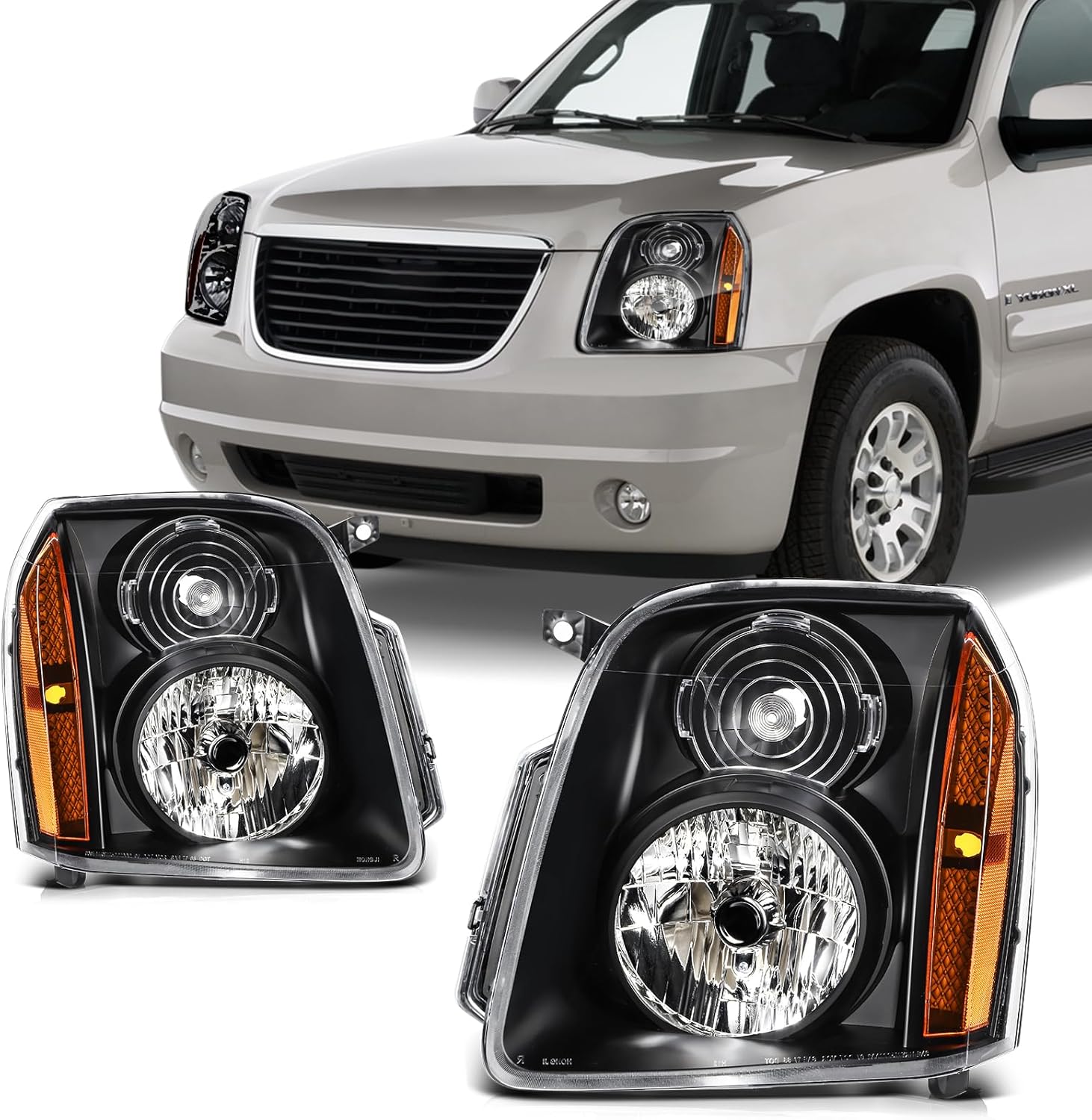 SCITOO Headlights for 2007-2014 for GMC Yukon 2007-2014 for GMC Yukon XL 1500 2007-2013 for GMC Yukon XL 2500 Pair Headlights Assembly Black Housing Amber Reflector 15861025