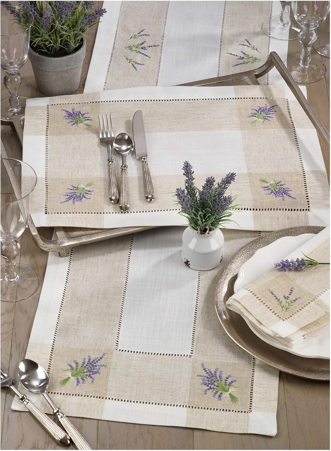 Ivory Color with Purple Lavender Embroidered 94% Polyester - 6% Linen Hemstitch Placemat, 14"x19" Rectangular - (4 Piece).