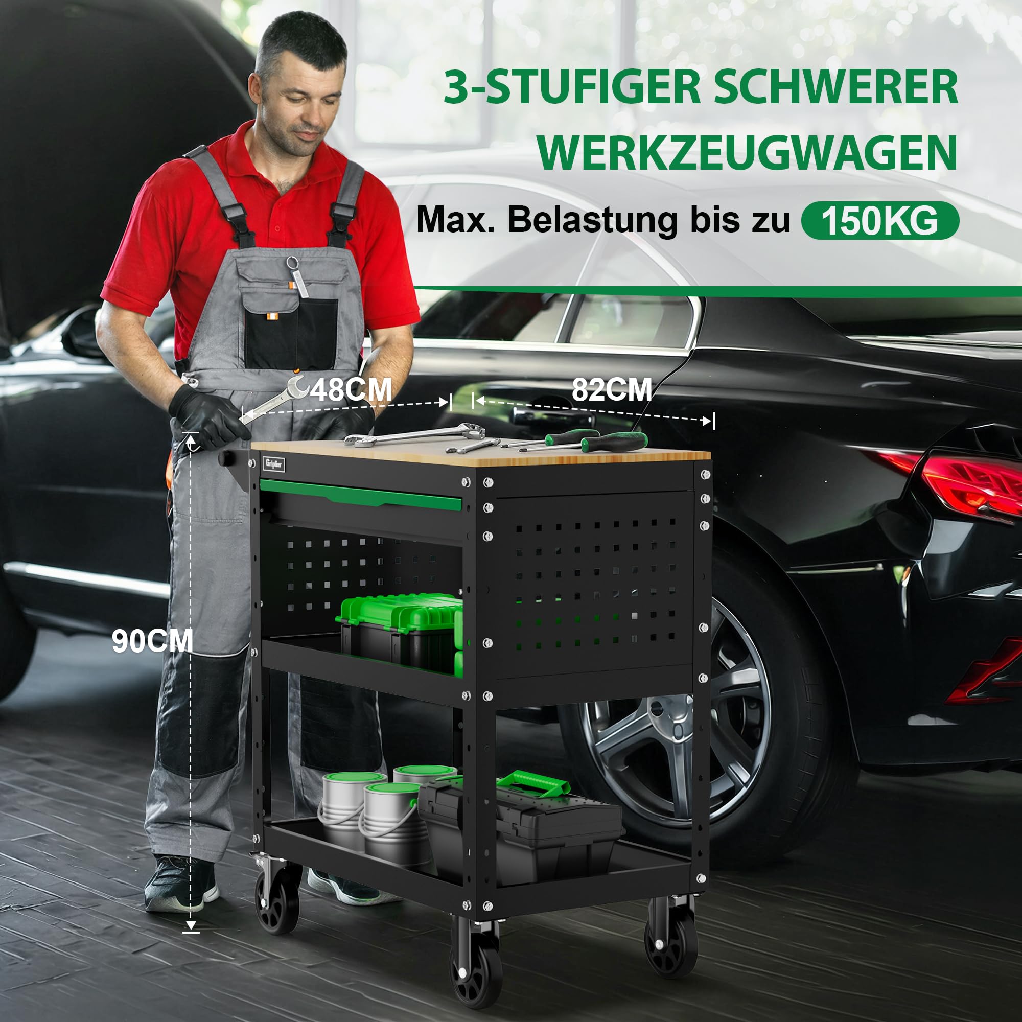 3-Tier Rolling Werkzeugwagen mit Schublade, Holzarbeitsplatte，150KG Tragfähigkeit,82 x 48 x 90cm für Lager Garage Garten Werkstatt