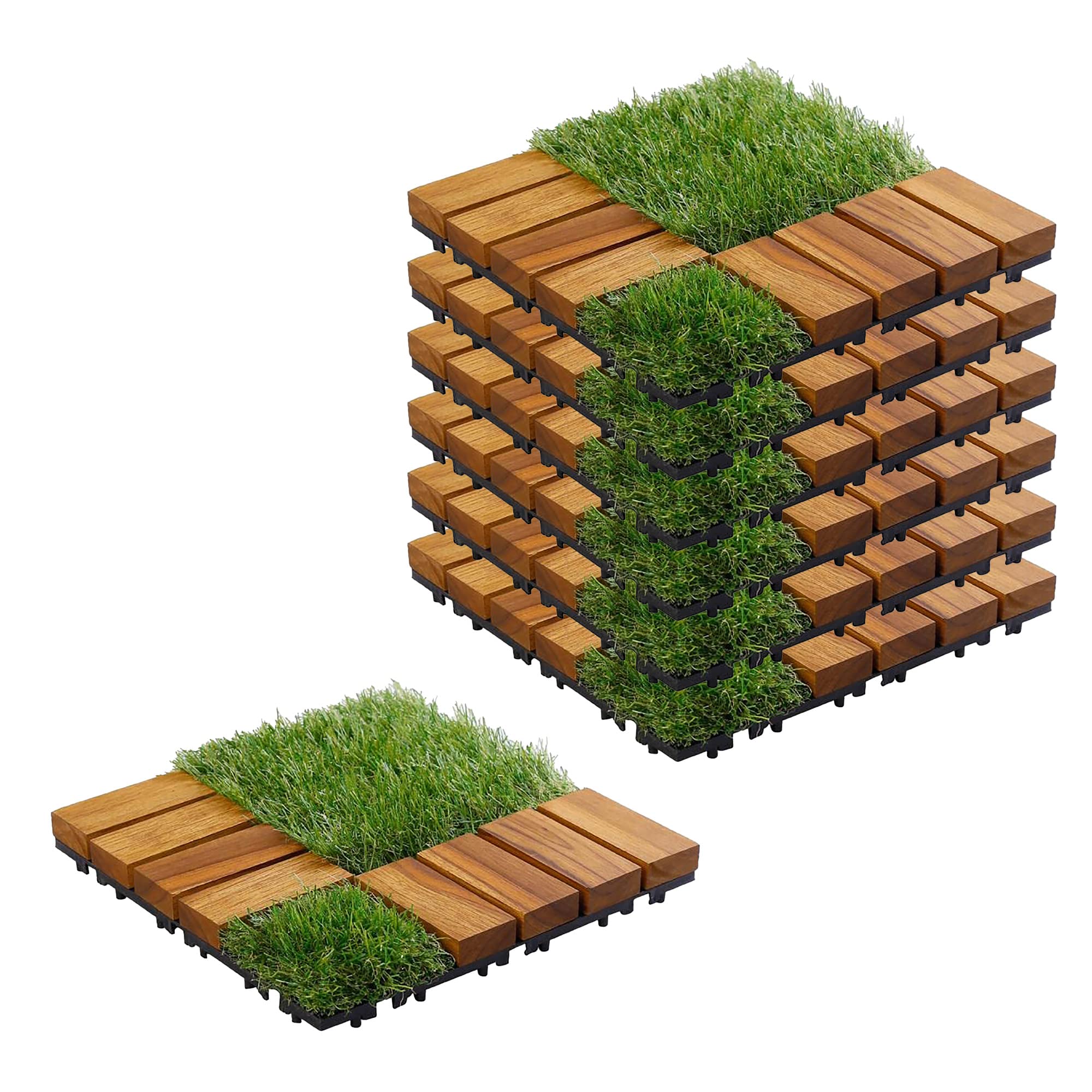 Buy Sharpex Artificial Grass Wooden Deck Tiles with Interlocking 6 Piece Teak Wood Decking