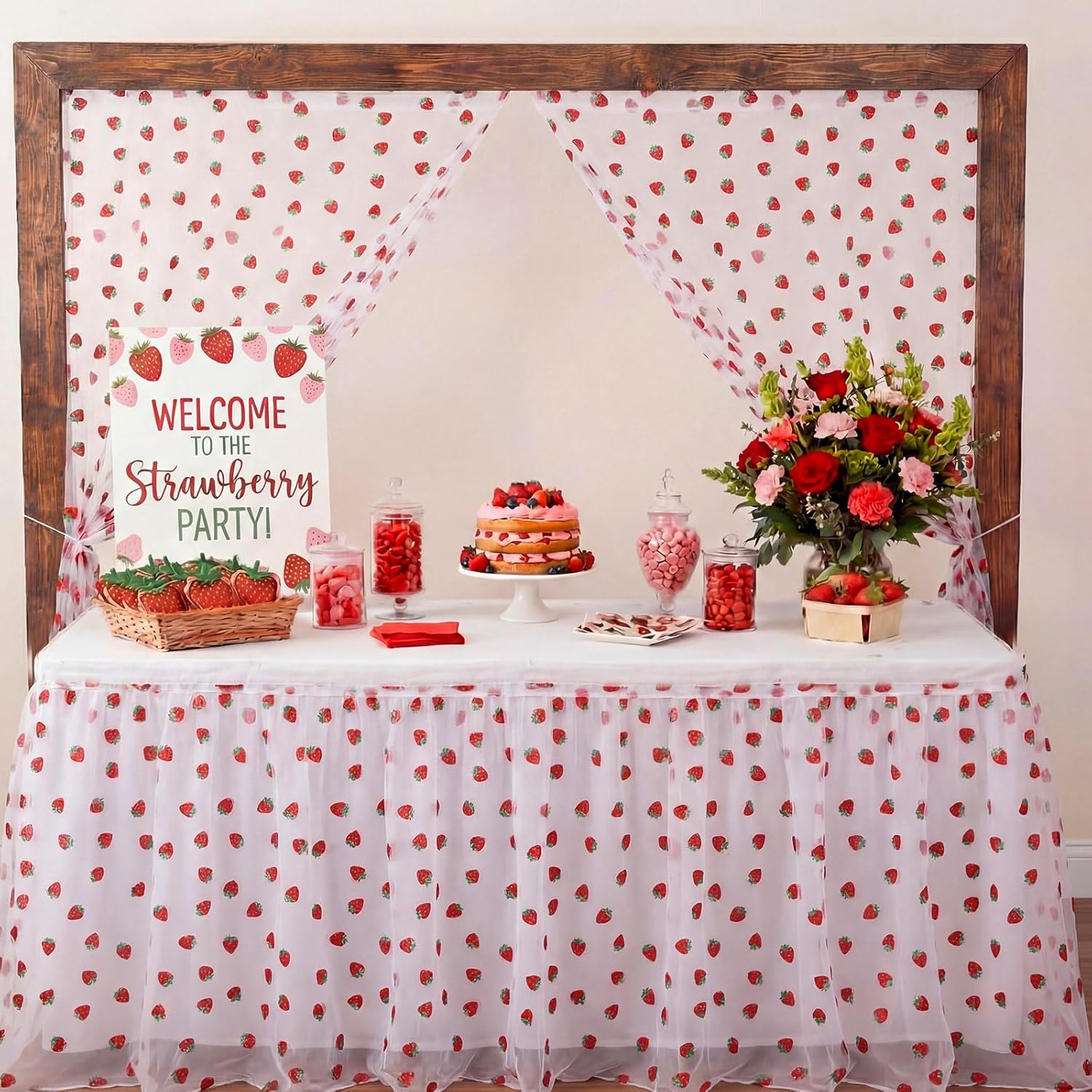 8 Pcs 29 X70 Inch Strawberry Shiny Glitter Tulle Table Cloth White Sheer Lace Tablecloth for Party Decorations Birthday Wedding Bridal Shower Party Home Kitchen Table Decor