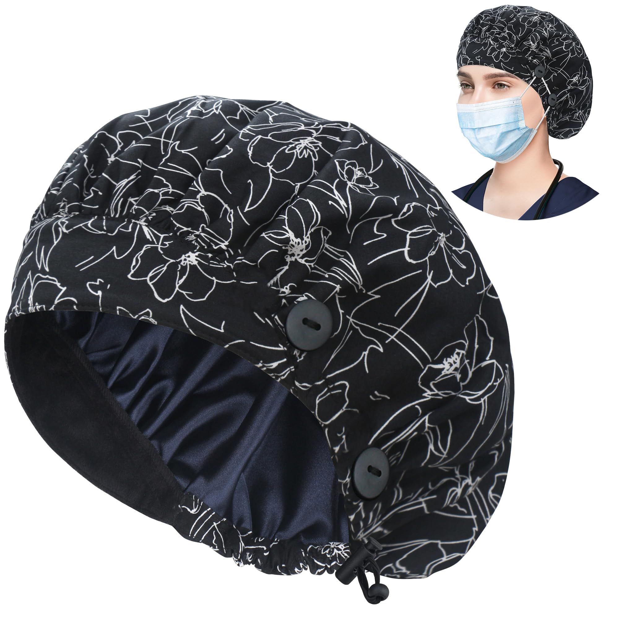 ABAMERICA Bouffant Caps with Button and Sweatband, Adjustable Scrub Caps for Women Men, One Size Multi Color