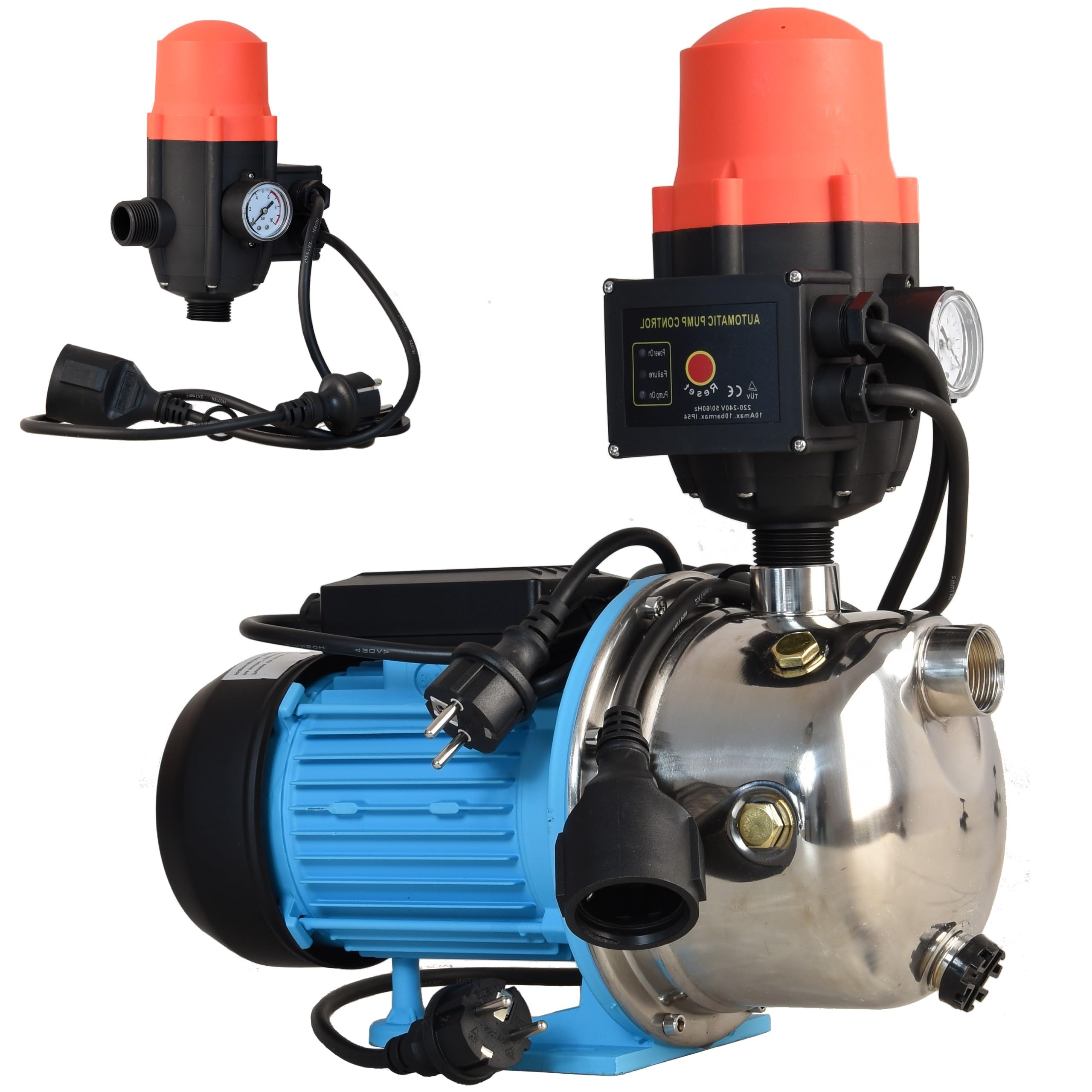 Pompe à Eau JX 1100 avec Pressostat CSK 21 - Pompe d’arrosage INOX (1100 W, 3600 l/h, hauteur de Refoulement 50 m) - Commande de Pompe - Marche/Arrêt automatiques - Protection Fonctionnement à Sec