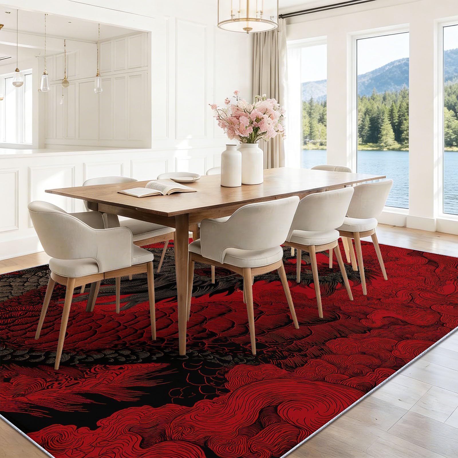 Tapis de Salon Lavable en Machine Rouge Oriental Dragon Lune Anime Faible Poil Antidérapant avec Motif Imprimé Tapis Chambre pour la Chambre à Coucher, 120 x 170 cm