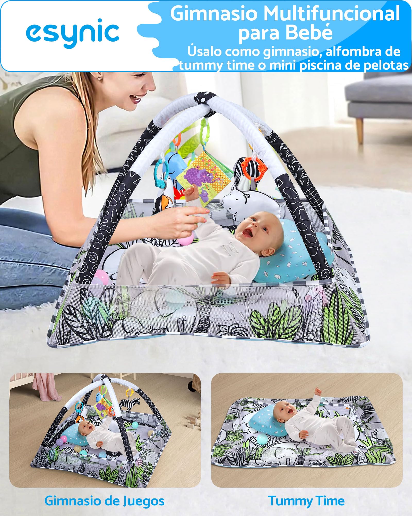 eSynic Baby Play Gym 7 en 1 con Arco y Juguetes Sensoriales Alfombra de Juegos para Bebé con Bordes de Malla Colchoneta de Actividades con Pelotas Bebé Fácil de Instalar Regalo para Recién Nacido