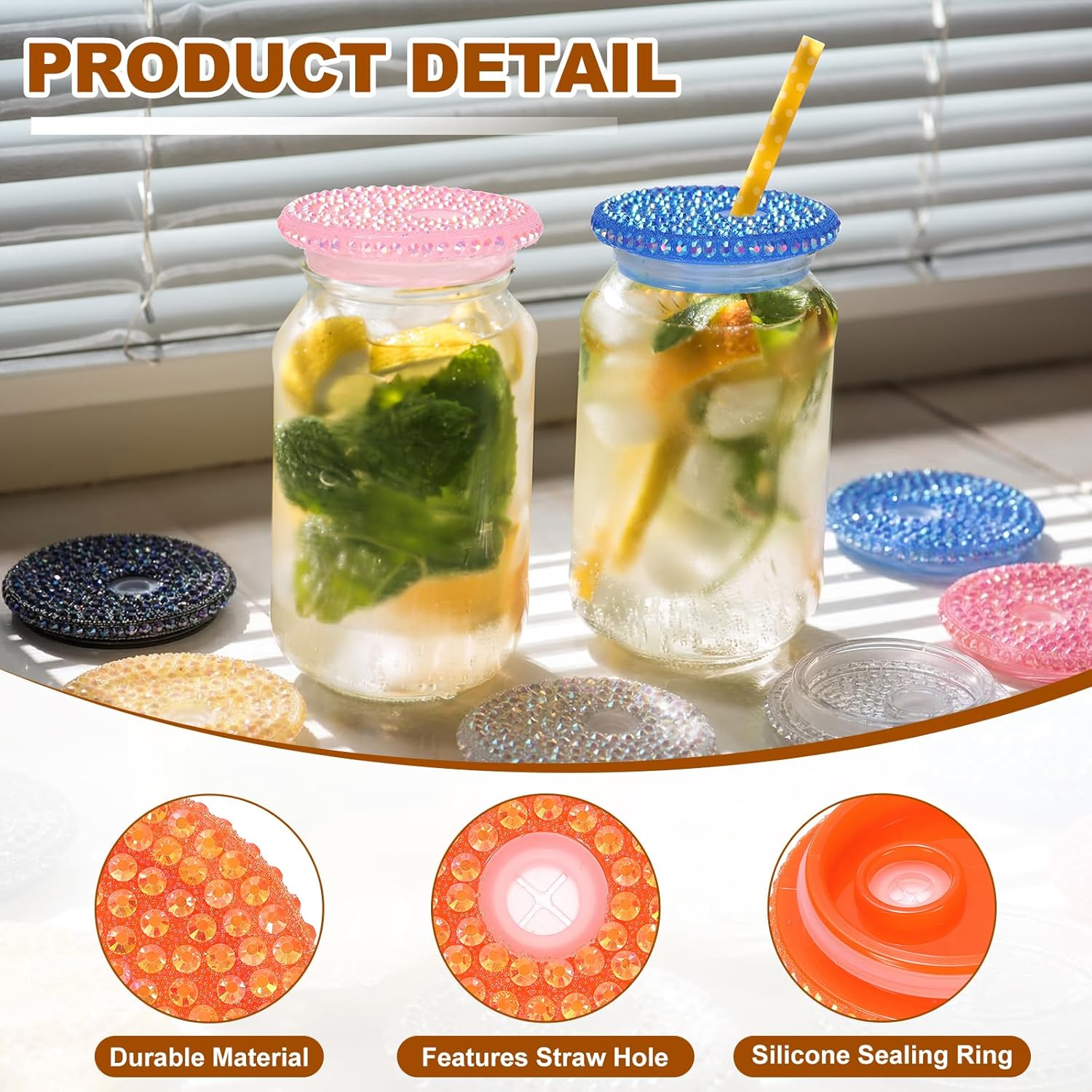 uxcell 2Pcs Acrylic Lids for 16 oz Glass, Reusable Plastic Tumbler Replacement Lids Rhinestone Canning Caps with Hole for Beer Can Drinking Glasses Tumblers, Orange Iridescent