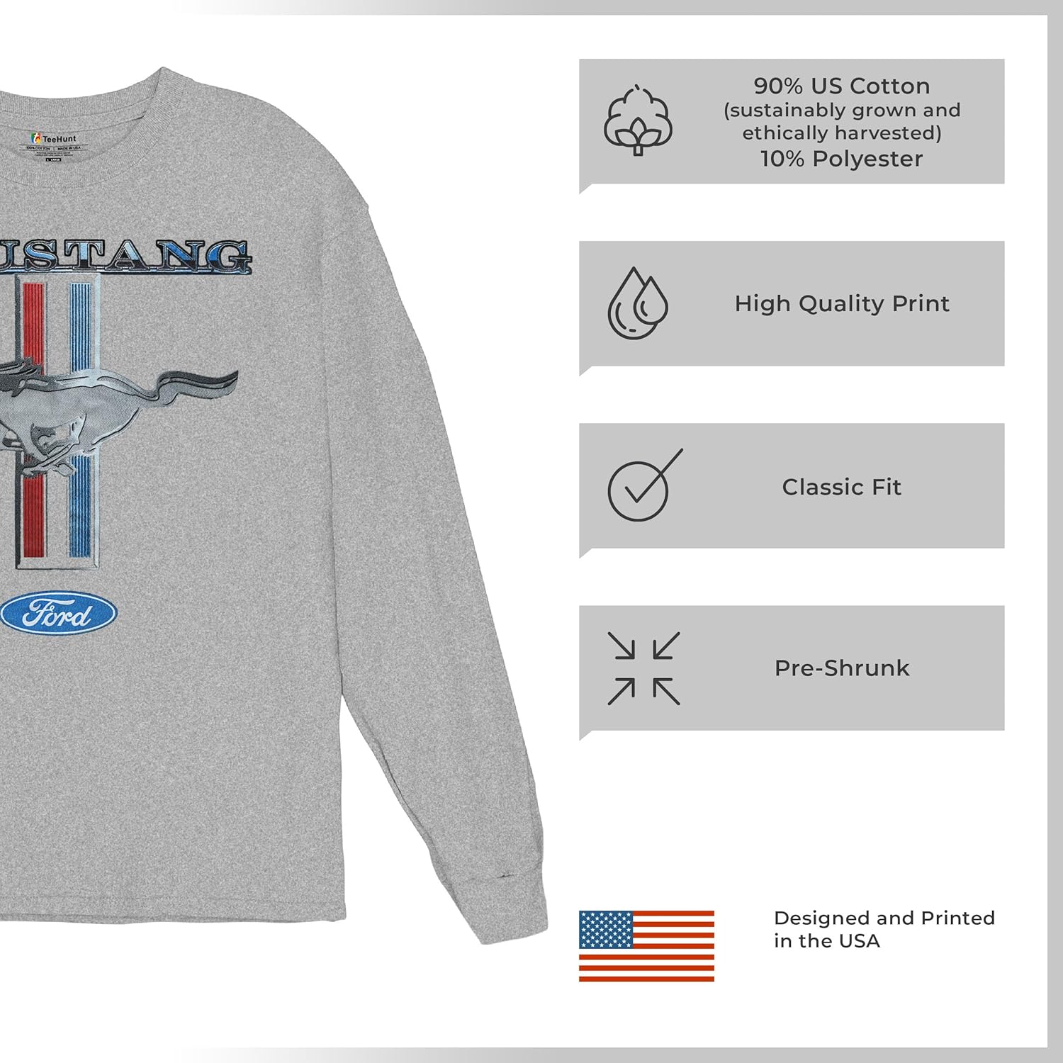 Ford Mustang Classic Long Sleeve T-Shirt GT Cobra Boss 302 Mach 1 Tee