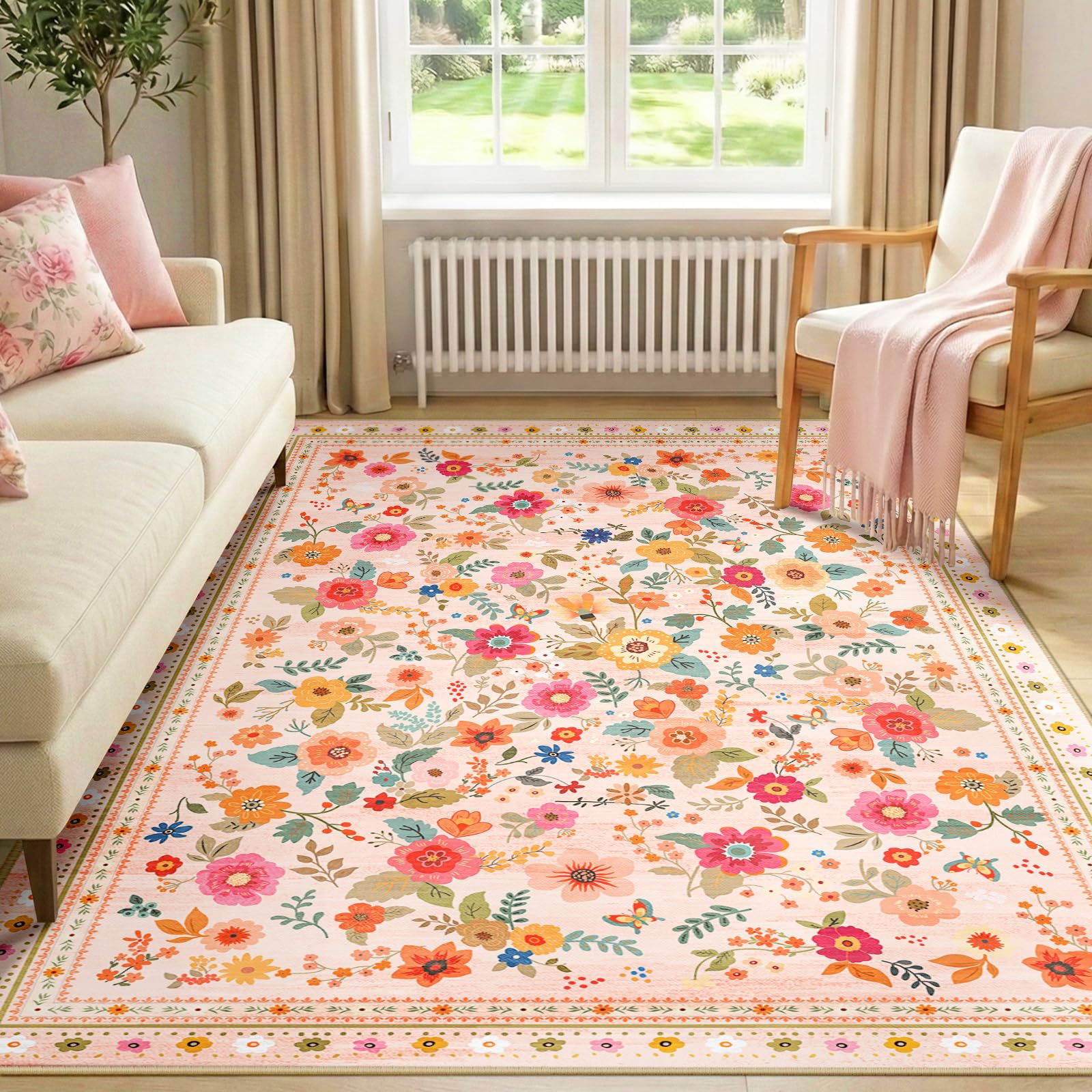 INOVADAY Tapis Lavable 120x180 cm, Style Bohème, Poils Courts, Antidérapant, Imprimé Floral, pour Salon, Chambre à Coucher, Salle à Manger, Bureau,t, Rose/Beige