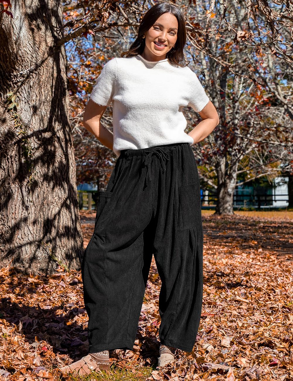 TARSE Womens Corduroy Pants Barrel Casual Loose Baggy Drawstring Wide Leg Palazzo Harem Pants with Pockets - Image 4