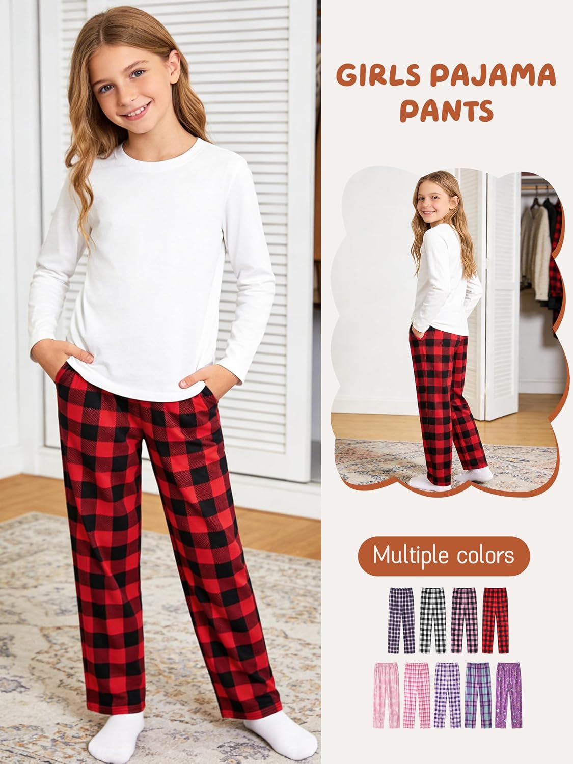 IHU Girls Pajama Pants Ultra Soft PJ Bottoms Kids Plaid Lounge Sleepwear