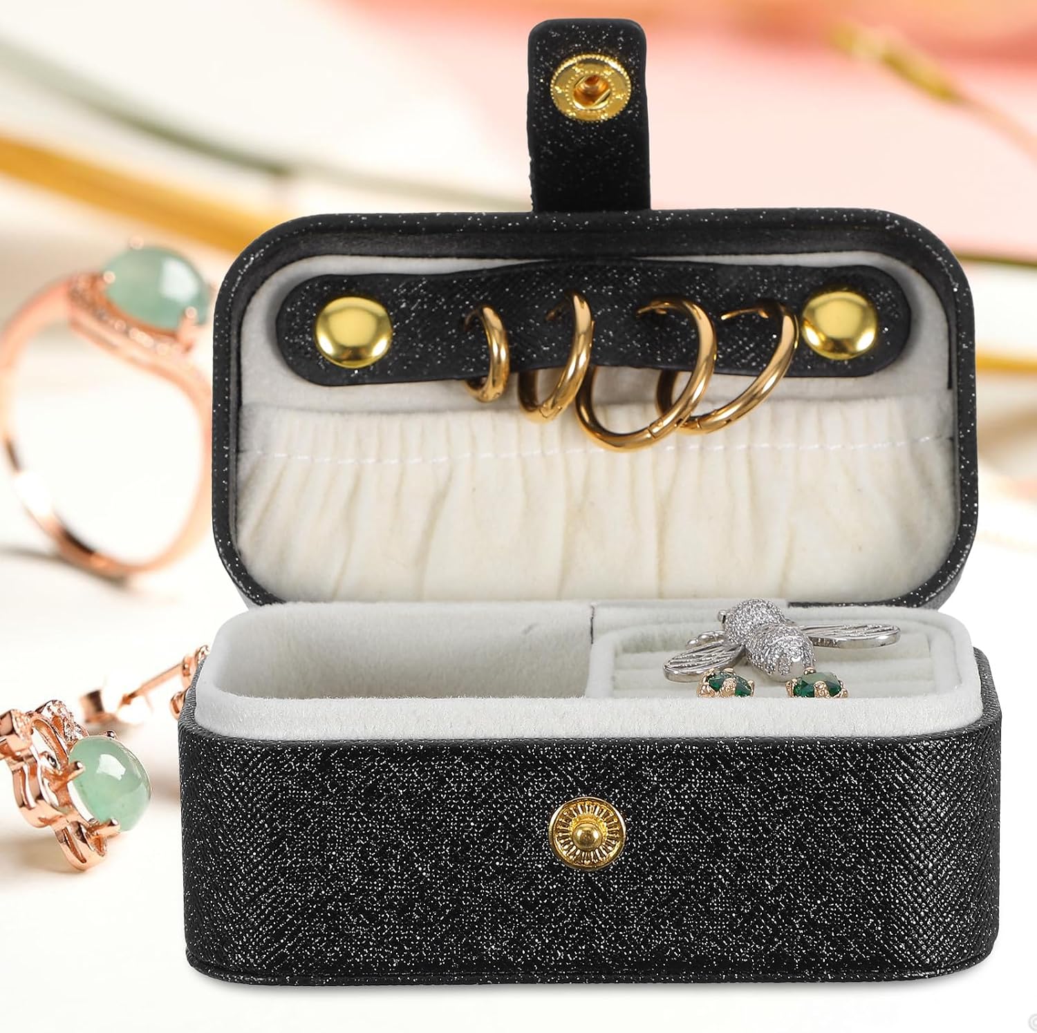 Mini Travel Jewelry Box Portable Ring Organizer Pearl Black Miniature Earring Holder Compact Jewelry Storage Case for Women Outdoor Use image 5