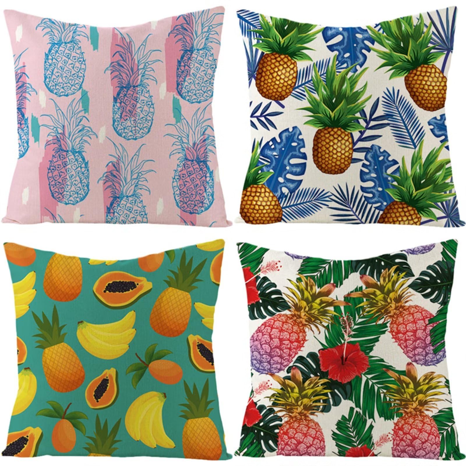 YG1026 poszewki na poduszki z motywem owoców ananasa, 70 x 70 cm, lniane, kwadratowe, dwustronne, nadruk z ukrytym zamkiem błyskawicznym, zestaw 4 poszewek na poduszki, na zewnątrz, patio, ogród,