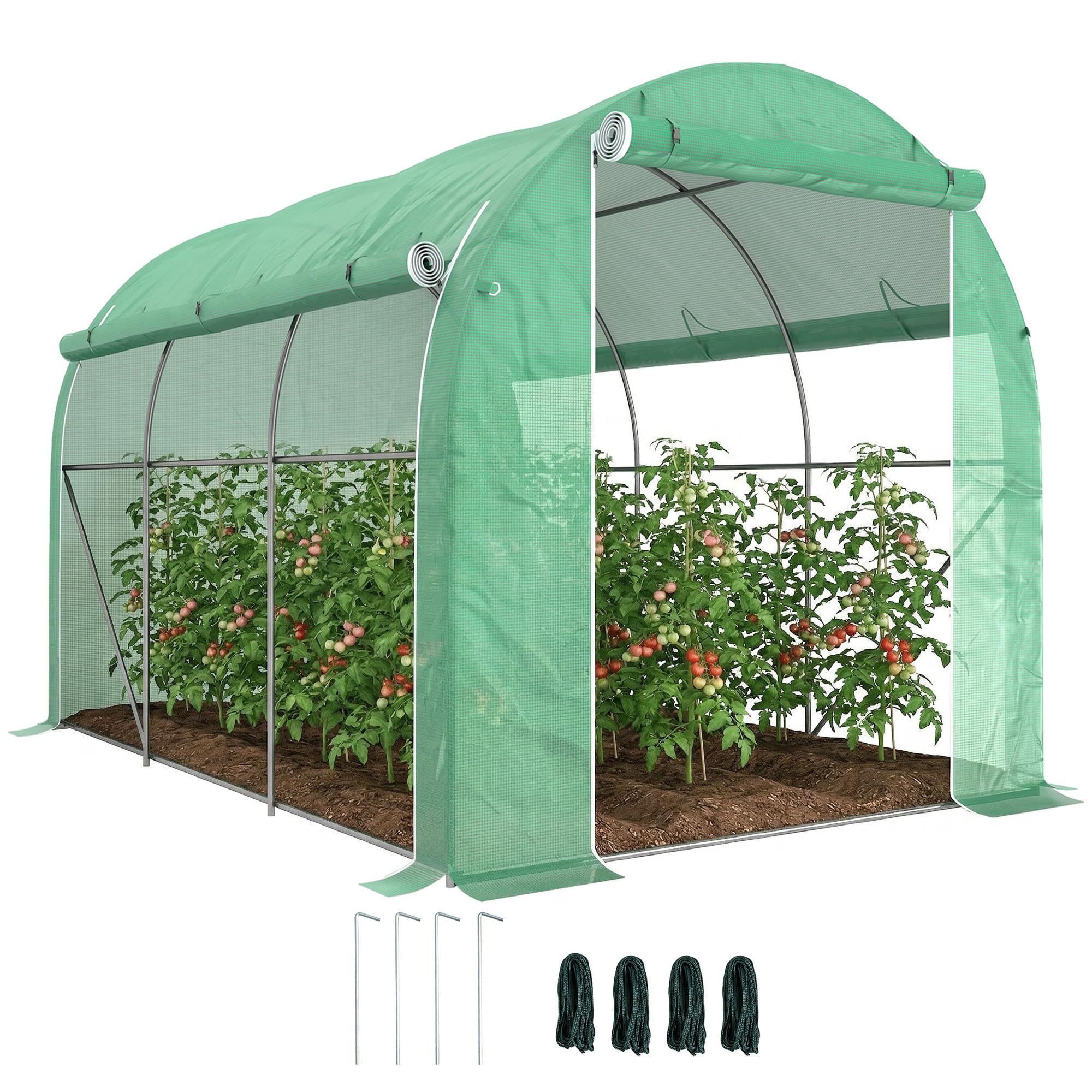 Outsunny 3 x 2 m Polytunnel Greenhouse with Zipped Roll-up Door and Mesh Windows, Walk-in Greenhouse with PE Cover and Galvanised Steel Frame, Green