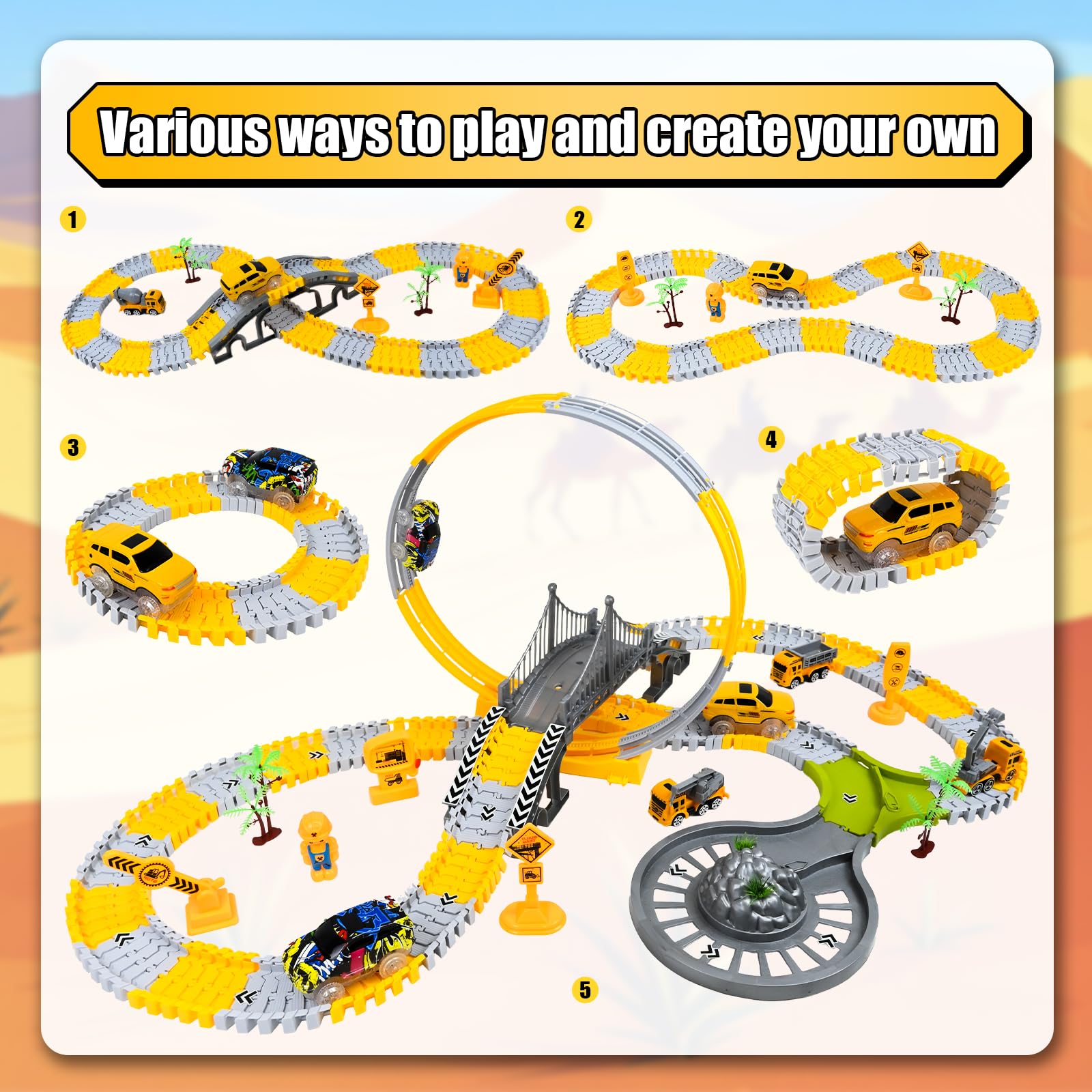 PATEMZON Circuit Voiture Enfant, Piste de Course de Construction, avec Voitures Electriques, Ensemble de Circuit Flexible, Ingénierie Jouets, Educatif Cadeau pour 3 4 5 6 Ans Garçons Filles