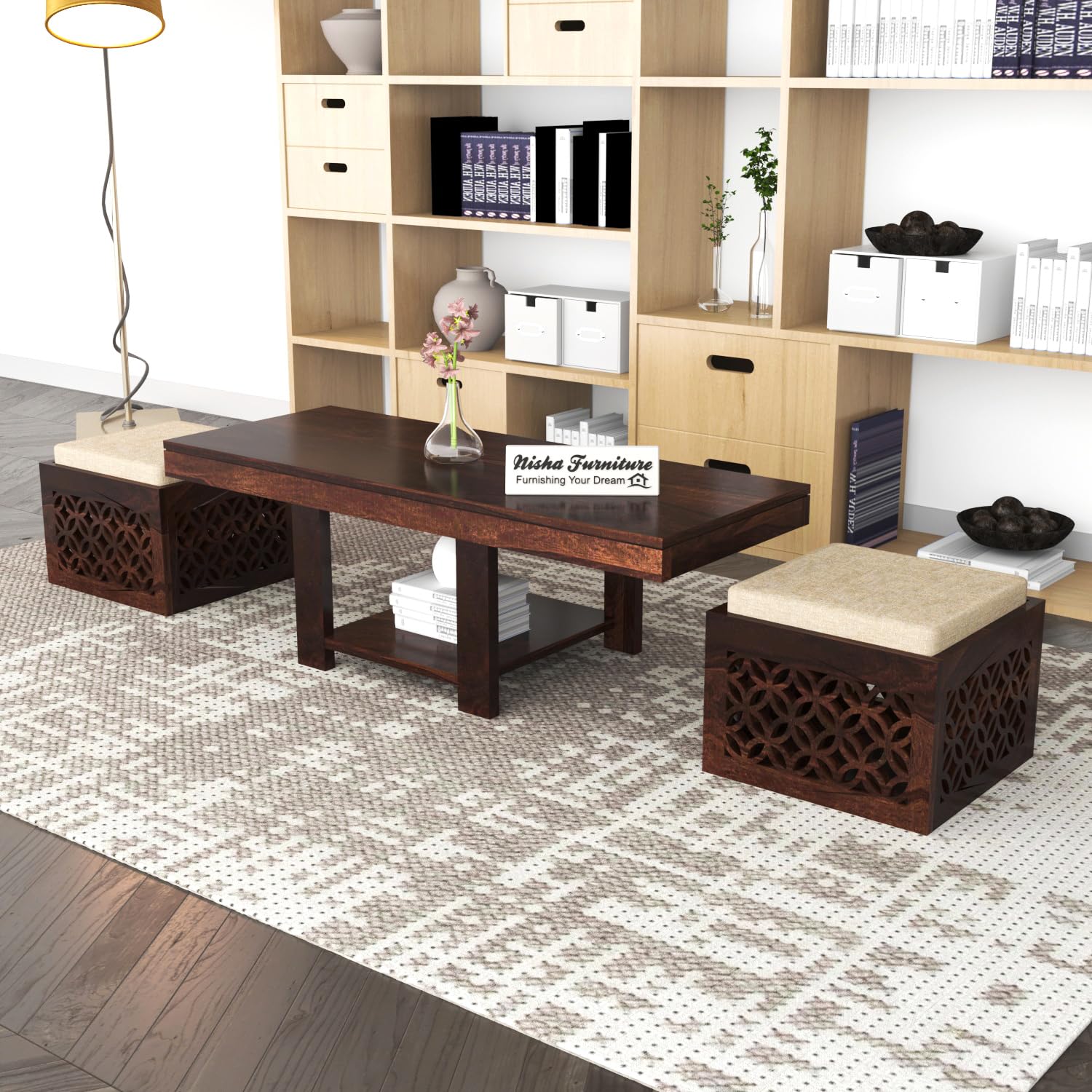 Solid Sheesham Wood Coffee Table with 2 Stools for Home, Office | Wooden Center Coffee Table for Living Room, Center Teble with Shelf Storage, Carved- Walnut Finish-picture-25