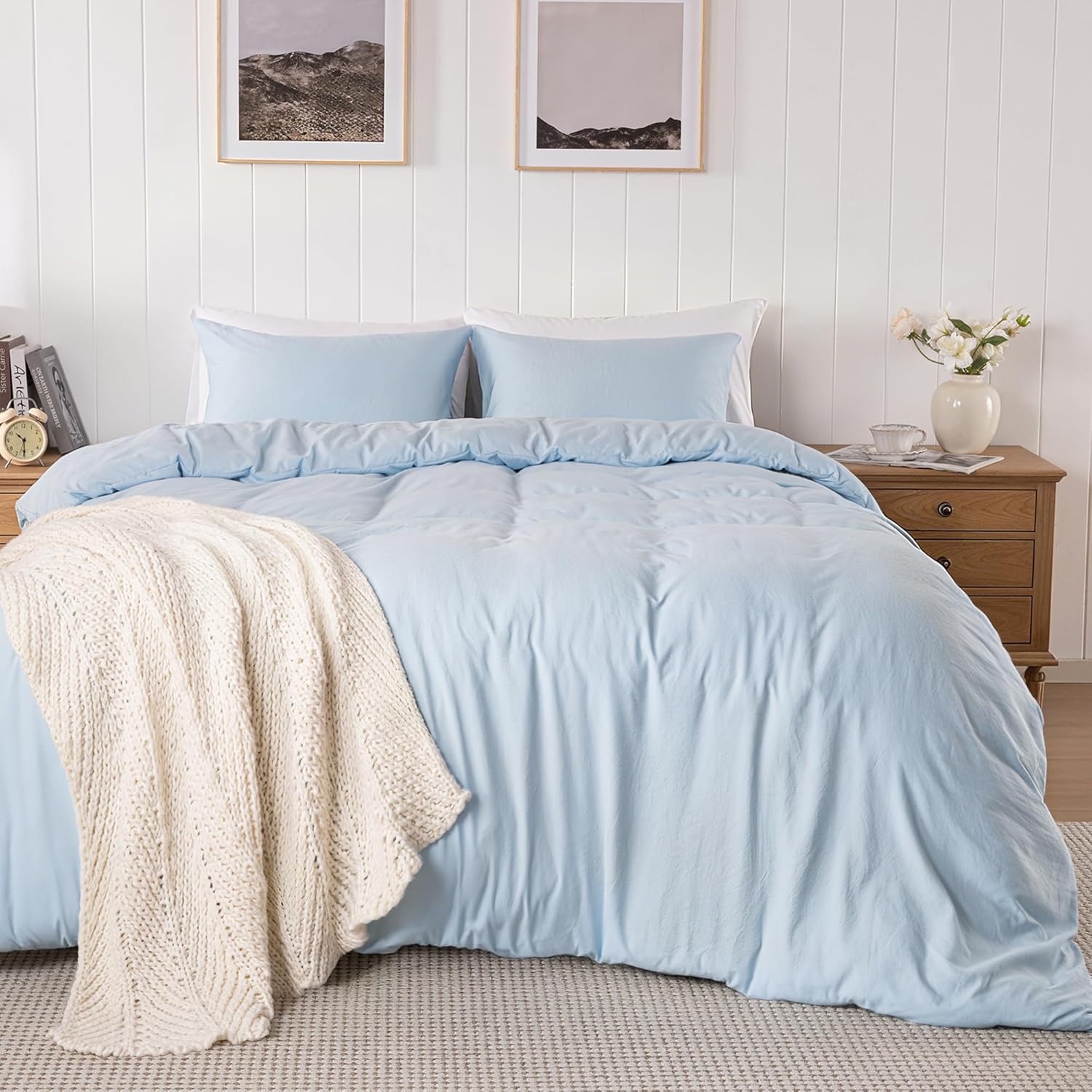 ROSE&RISY Light Blue Super Soft Duvet Cover Queen Size, 3 Pieces Washed Microfiber Cotton-Like Comforter Cover Set with Button Closure, 1 Duvet Cover 90x90 & 2 Pillow Shams, No Comforter Baby Blue Queen