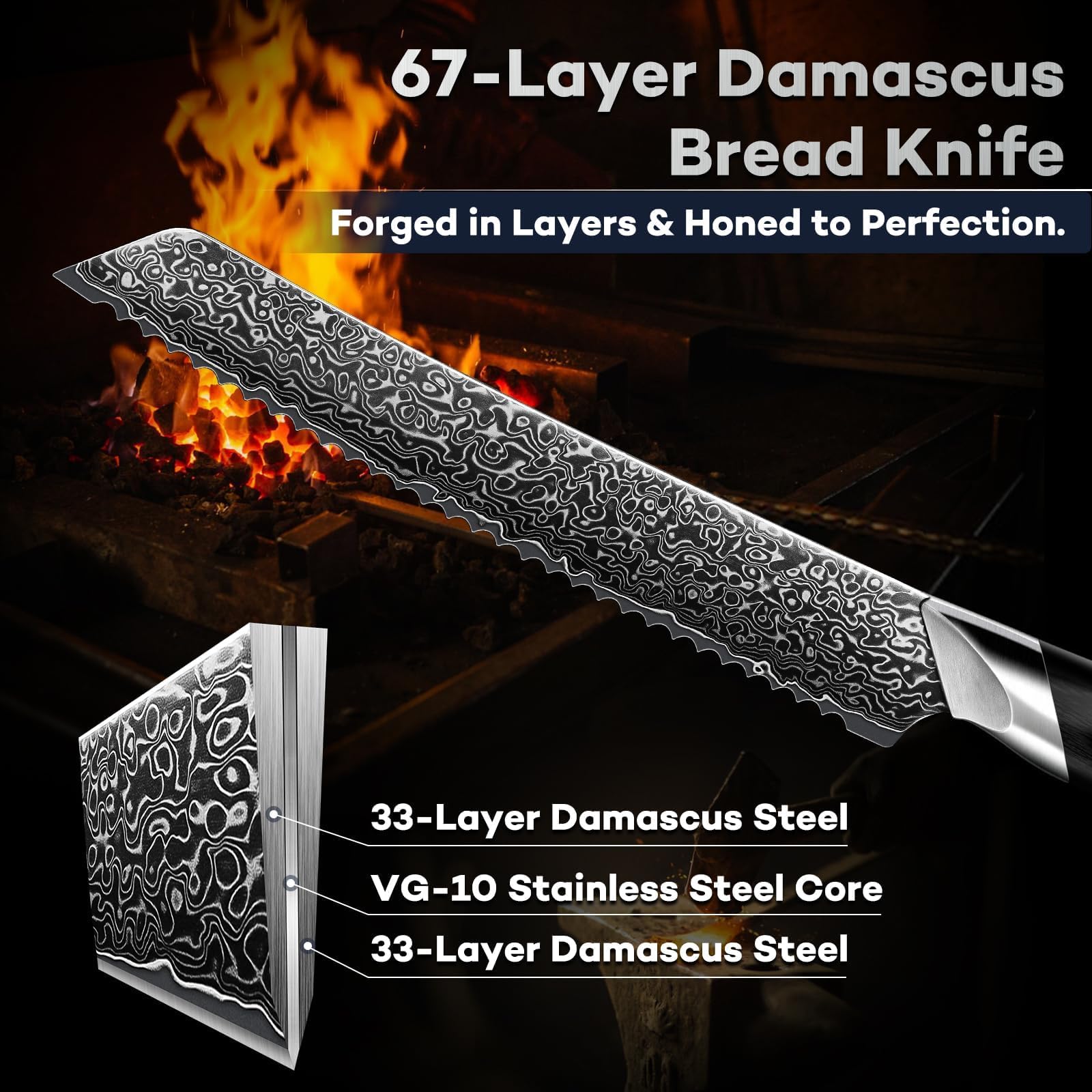 DRAGON RIOT Damas Couteau a Pain - Couteaux de Cuisine Professionnel avec Manche en Bois, Couteau pour Pain, Bagels, Gâteaux, pour Hommes et Femmes