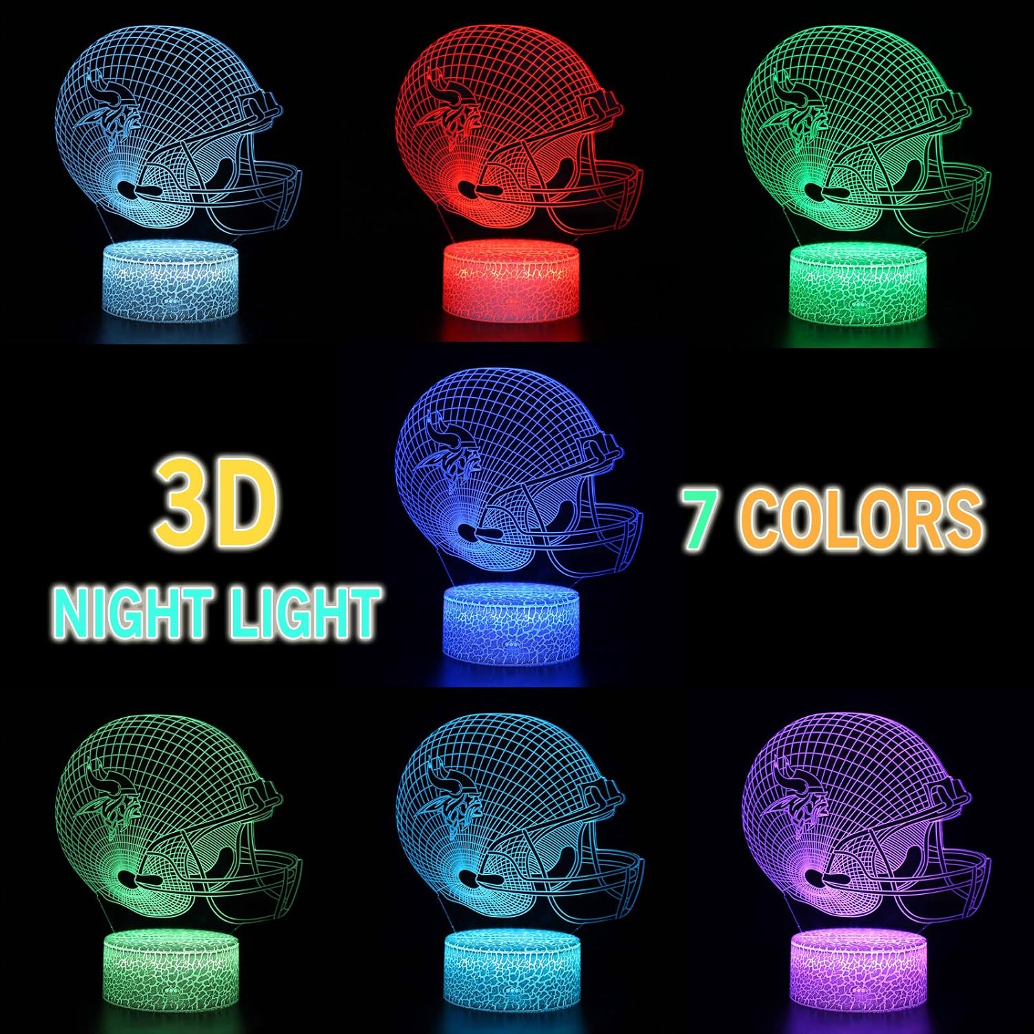 3D Helmet Optical Illusion 7 Colors Night Light,Plastic, Bedroom Desk Lamp Gifts for Viking Men, Women, Kids, Boys, Teens