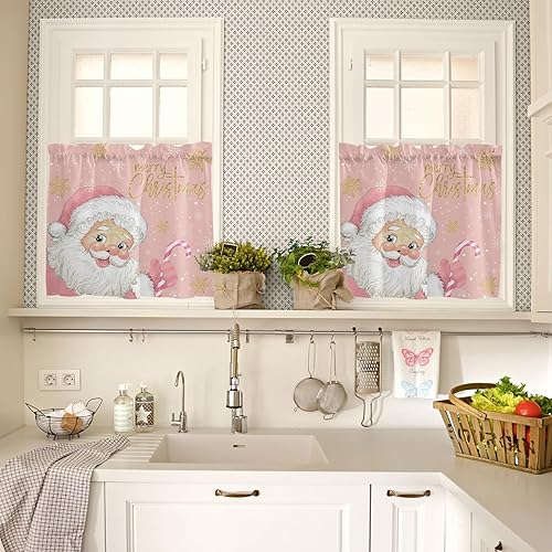 Miniatura 4 de Juego de cortinas de cocina de Navidad de Papá Noel, medias cortinas cortas de 24 pulgadas de largo, juego de cortinas y cenefa de copos de nieve de