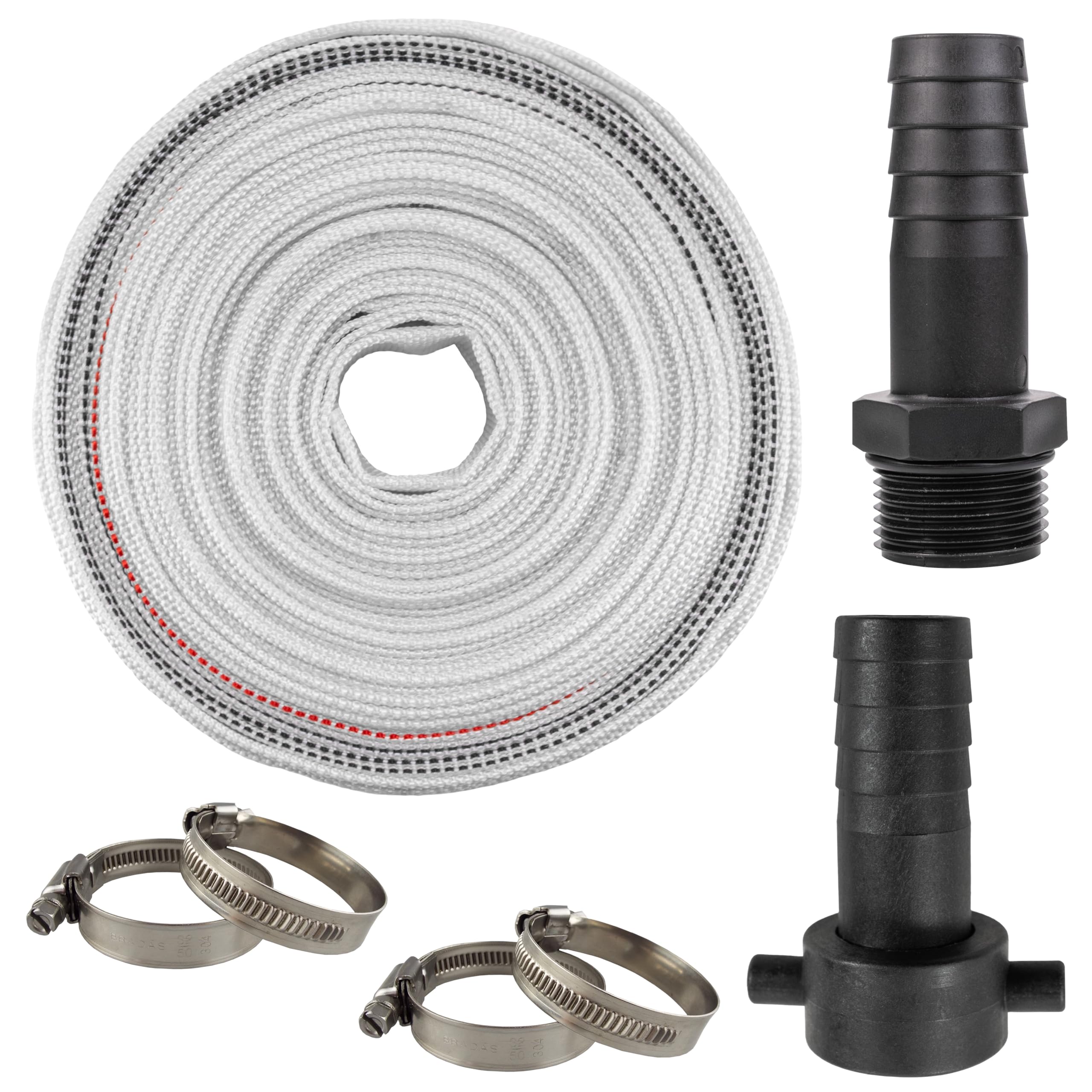 Layflat Discharge Hose 10m 15m,20m Length x 25mm 32mm or 50mm,for Pond, Hot Tub Pool,Sump Dirty Water Discharge+ 4 x Matching Clips+Male +Female Threaded Hosetail (1.25" Hose x 10m+Clips+hosetails)