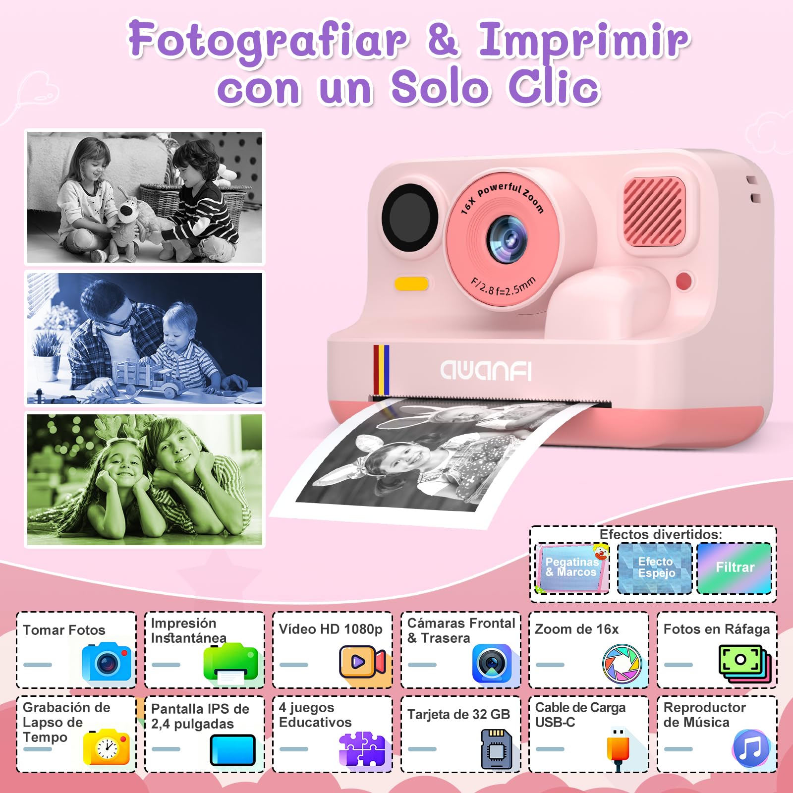 Camara Fotos Infantil Instantanea, 2,4 Pulgada Cámara de Fotos para Niños, con Tarjeta de 32G, 3 Rollos de Papel de Impresión, 1080P Cámara Instantánea, Regalo para Niños y Niñas de 3 a 12 Años
