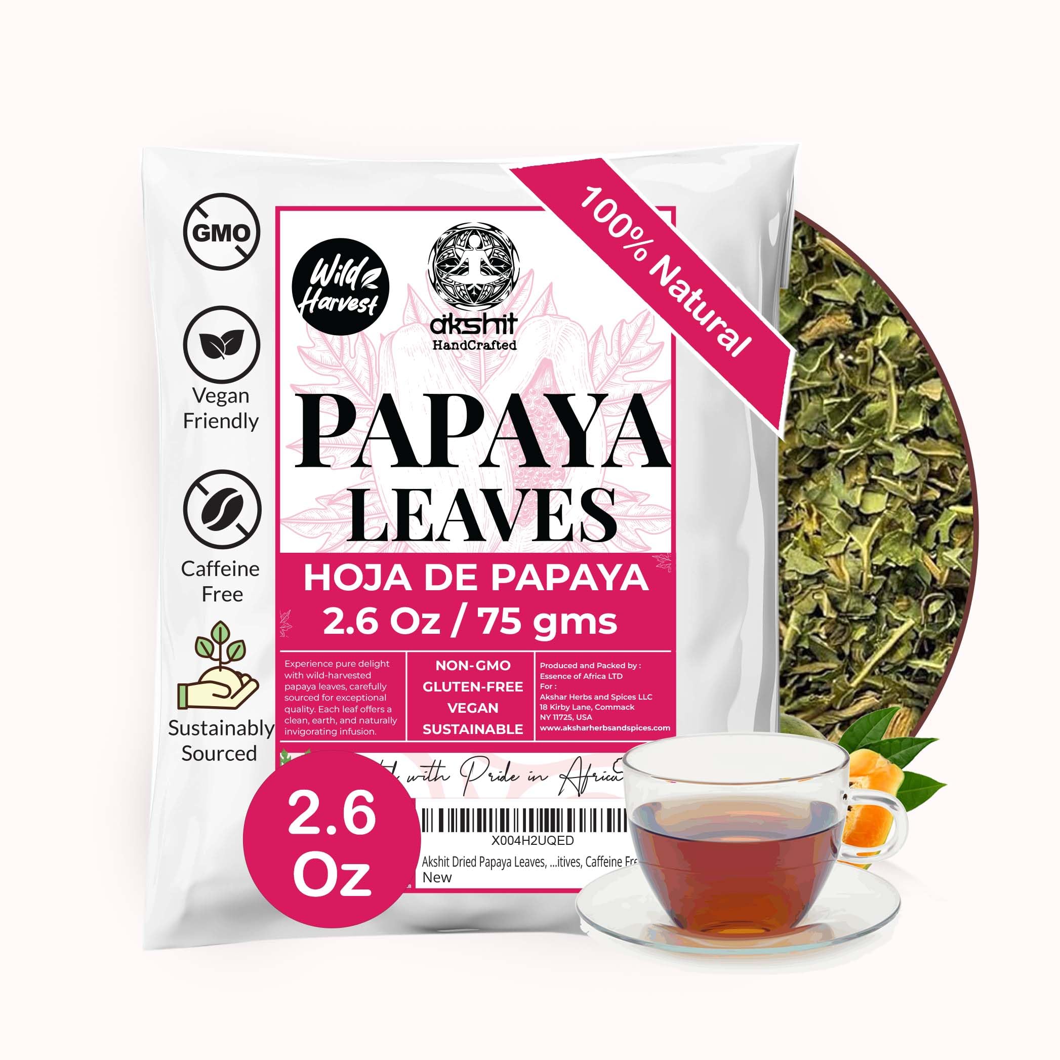 Akshit Dried Papaya Leaves, Leaf Tea, 2.6oz, Natural Green Papaya Leaf, Dried Loose Leaves, Non GMO, No Additives, Caffeine Free.
