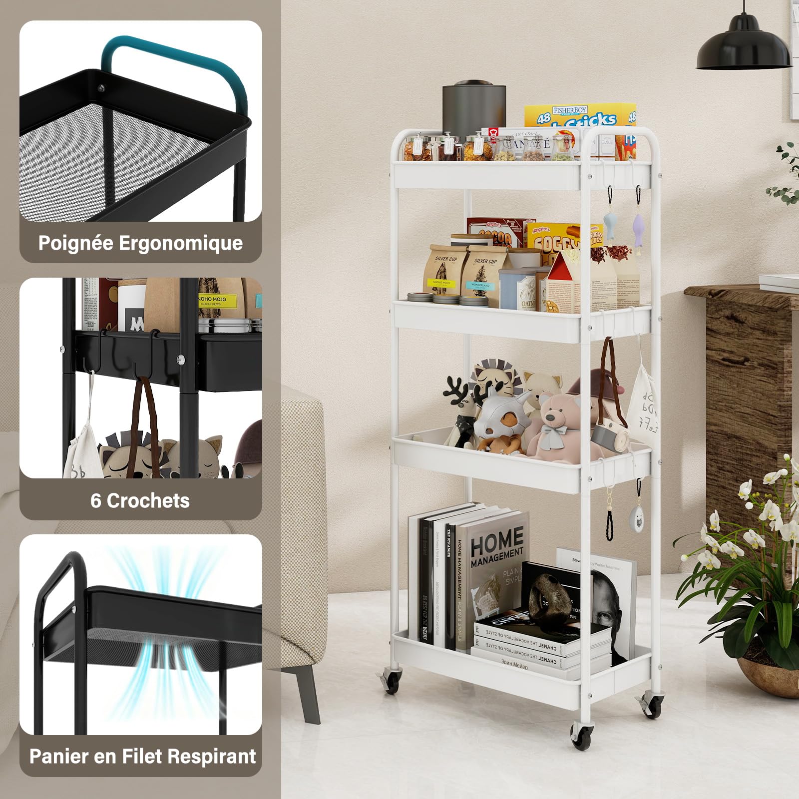 PUNCIA Chariot de Rangement en Métal Desserte à roulettes à 4 Niveaux | Chariot Cuisine avec 6 Crochets Trolley de Service Facile à Installer et à Nettoyer pour Salon Salle de Bain Bureau (Blanc)