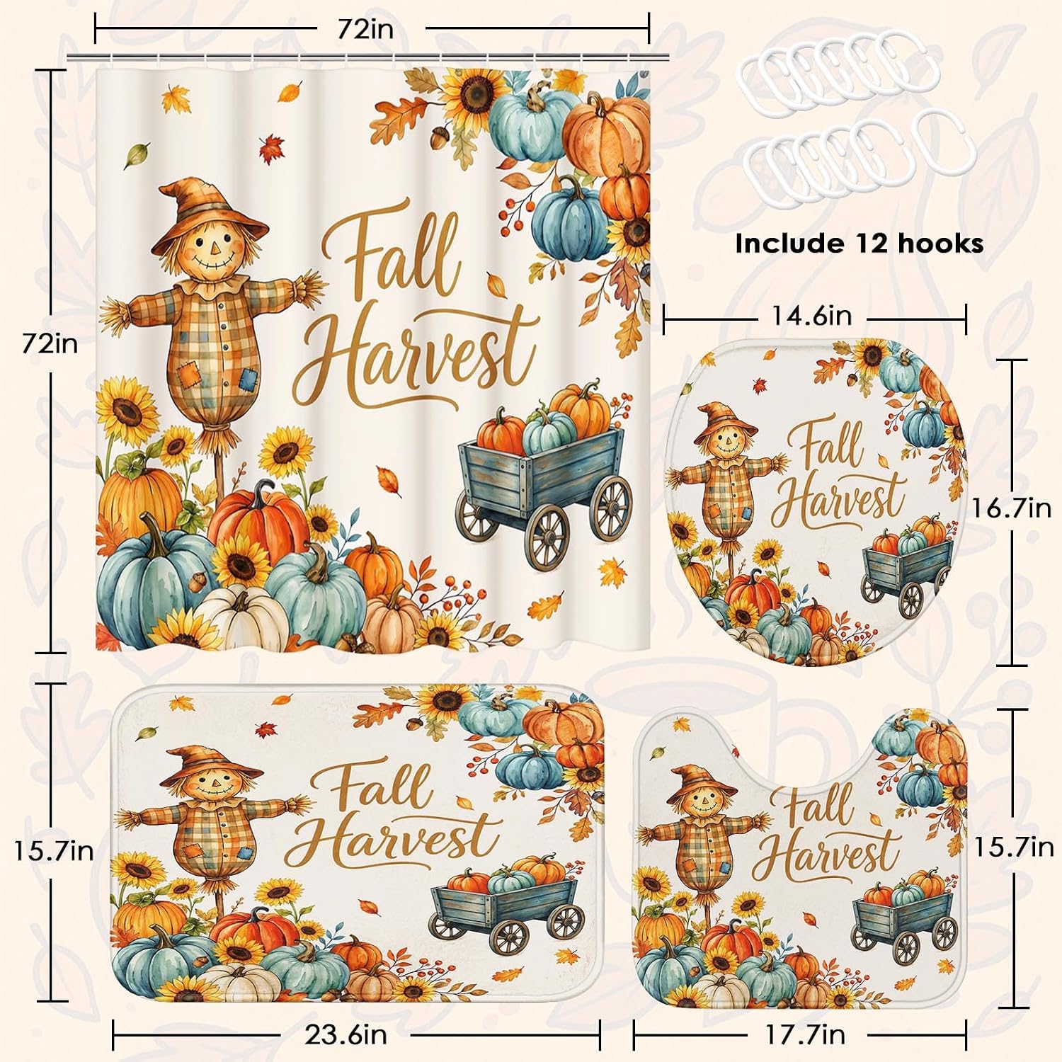 Arttown Fall Bathroom Sets with Shower Curtain and Rugs Set of 4 Pumpkin image 3