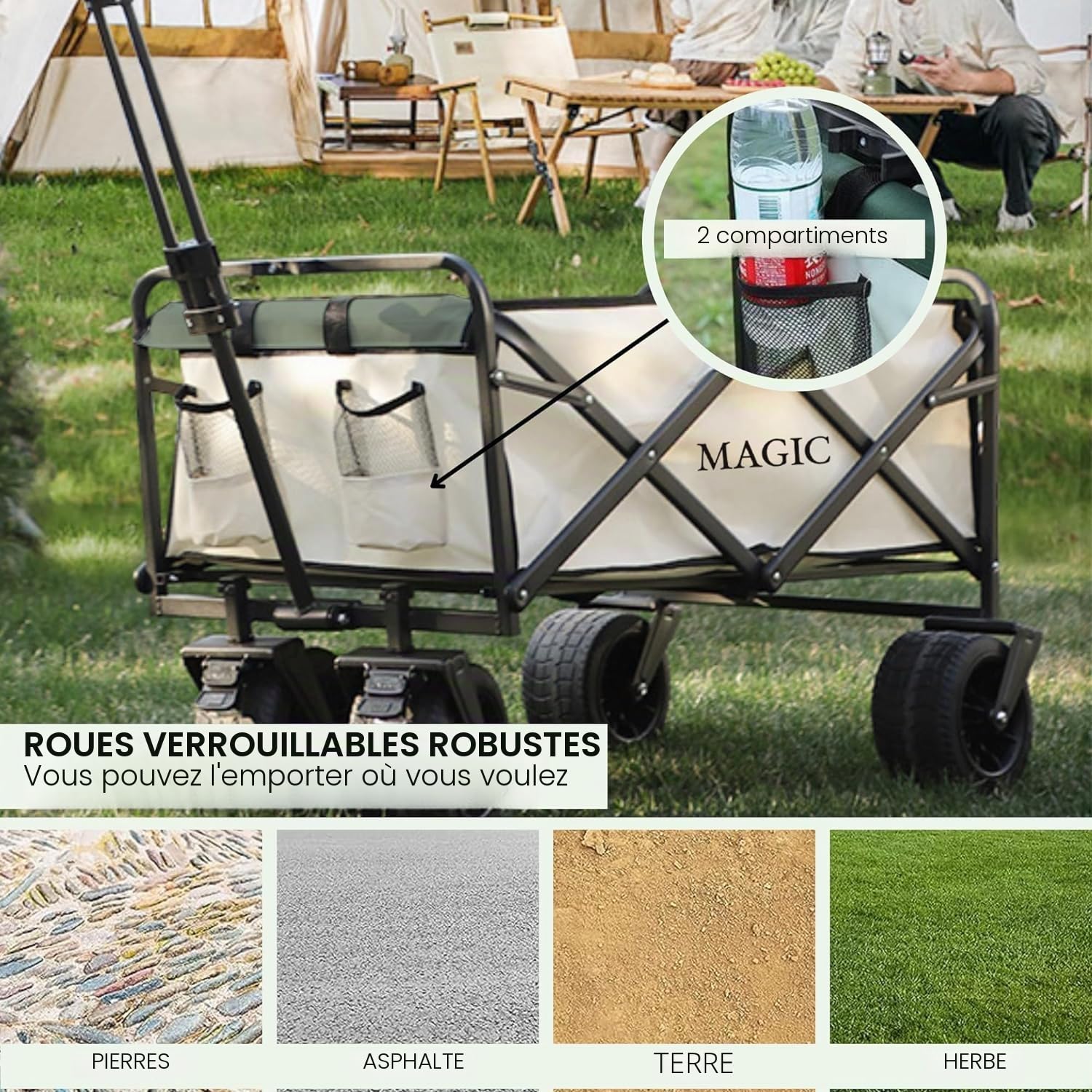 𝗖𝗵𝗮𝗿𝗶𝗼𝘁 𝗽𝗼𝘂𝗿 𝗹𝗮 𝗣𝗹𝗮𝗴𝗲 Pliable pour le Camping, le Pique-Nique, etc. Chariot Transformable en Table de Jardin. Chariot de Transport avec sac et Poignée Réglable. Brouette avec Freins.