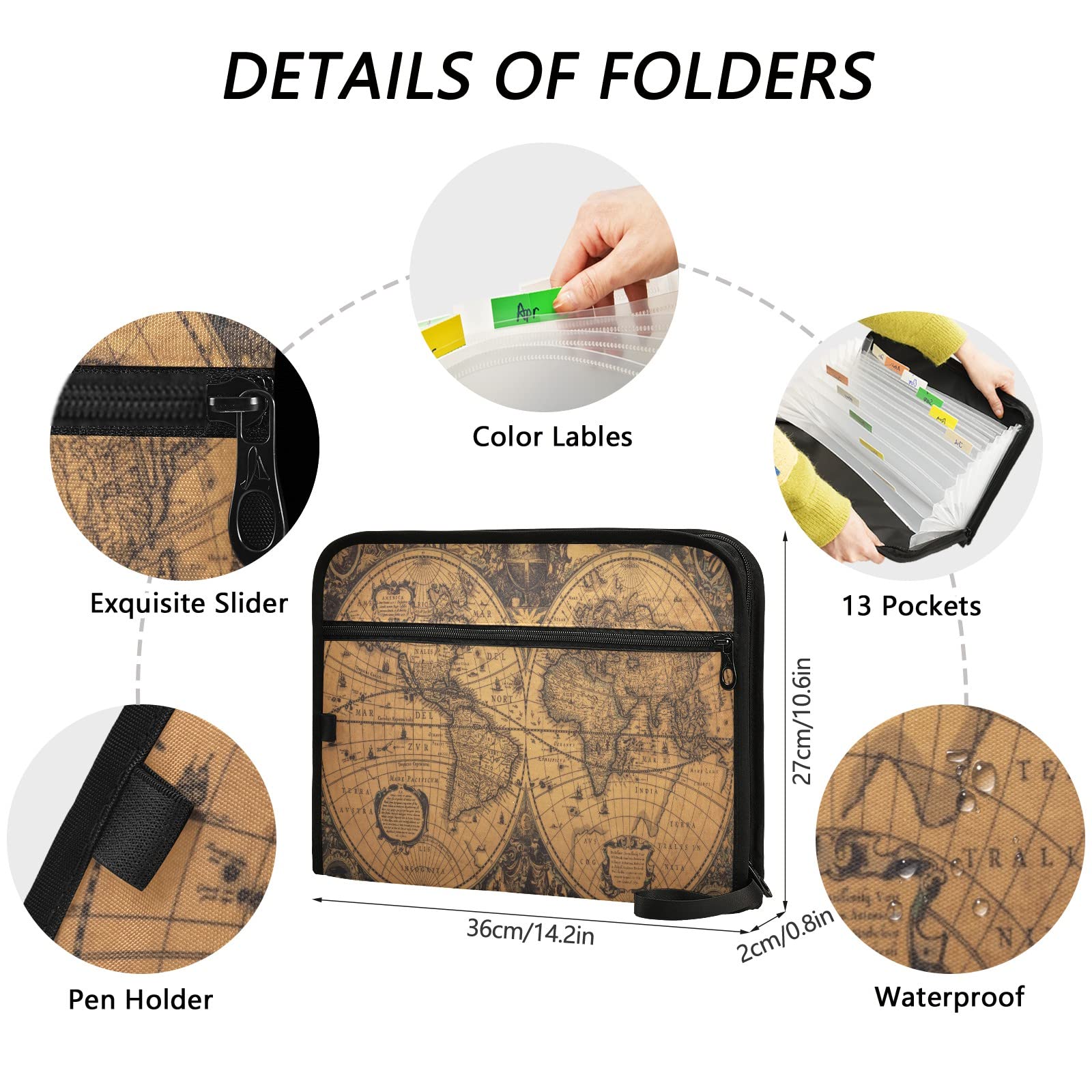 ZZKKO Vintage World Map Expanding File Folder - 13 Pockets, Letter/A4 Size, Waterproof With Zipper & Labels