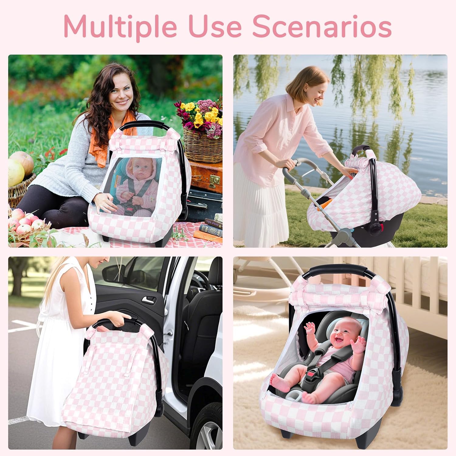 Summer Baby Car Seat Cover, Muslin Carseat Cover for Infant Boys Girls with Large Mesh Window, Breathable Newborn Car Seat Canopy, Pink Checkerboard