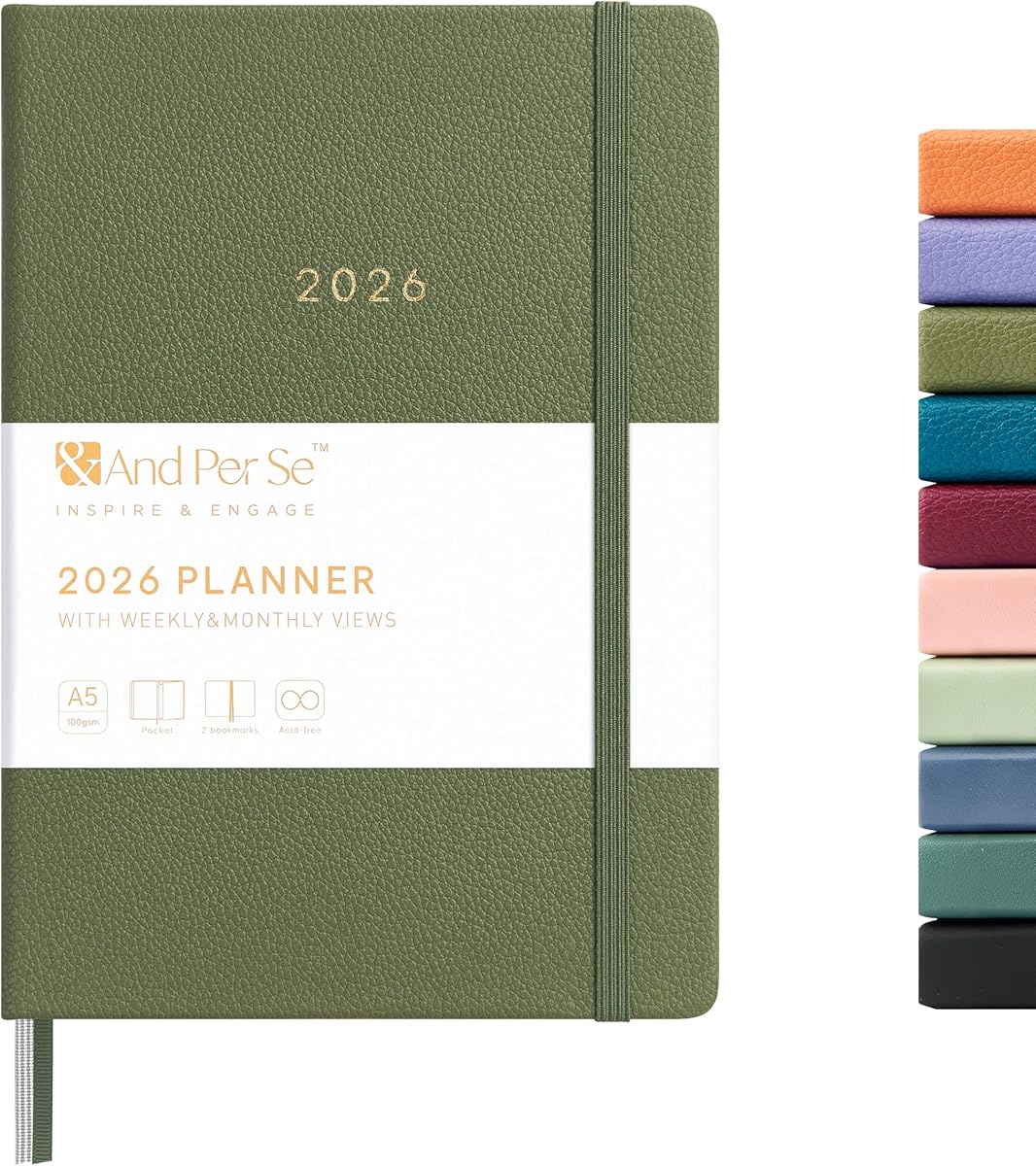 And Per Se 2026 Planner-Daily, Weekly & Monthly Leather Hardcover Planner, 5.7" x 8", Daily Schedule, 100 GSM Thick Paper, Back Pocket(Olive Green)