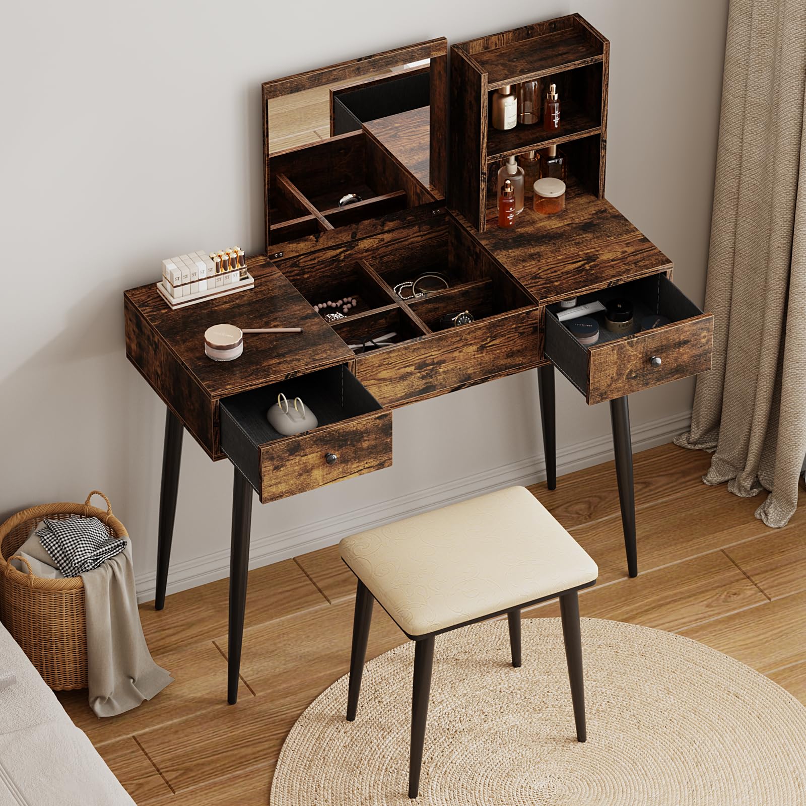 SogesHome Vanity Table Set with Flip Top, Mirror Makeup Dresser Dressing Table with 2 Drawers & Cushioned Stool & 3 Storage Shelves, Writing Desk Makeup Vanity Desk Set for Bedroom Bathroom